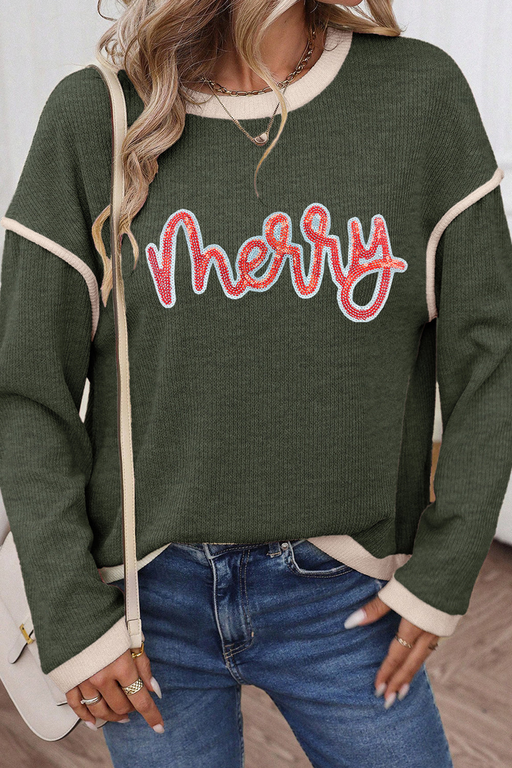 Four Leaf Clover Merry Patched Graphic Contrast Trim Christmas Knitted Long Sleeve Top-Graphic/Graphic Long Sleeve Tees-[Adult]-[Female]-2022 Online Blue Zone Planet