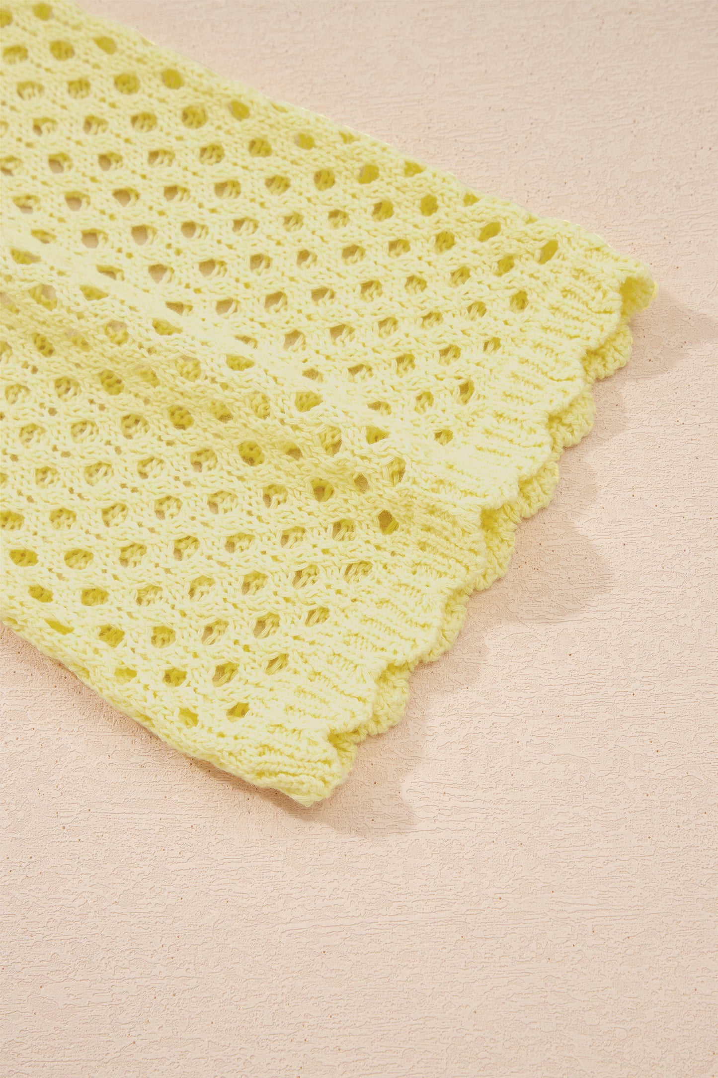 Yellow Cream Scalloped Trim Hollow Out Knit Long Sleeve Top-Sweaters & Cardigans/Sweaters-[Adult]-[Female]-2022 Online Blue Zone Planet