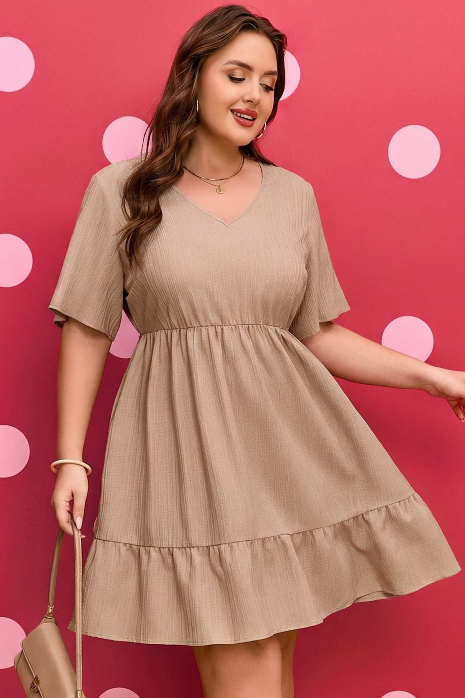 Dark Khaki Plus Size Textured Ruffled Short Sleeve Dress-TOPS / DRESSES-[Adult]-[Female]-2022 Online Blue Zone Planet