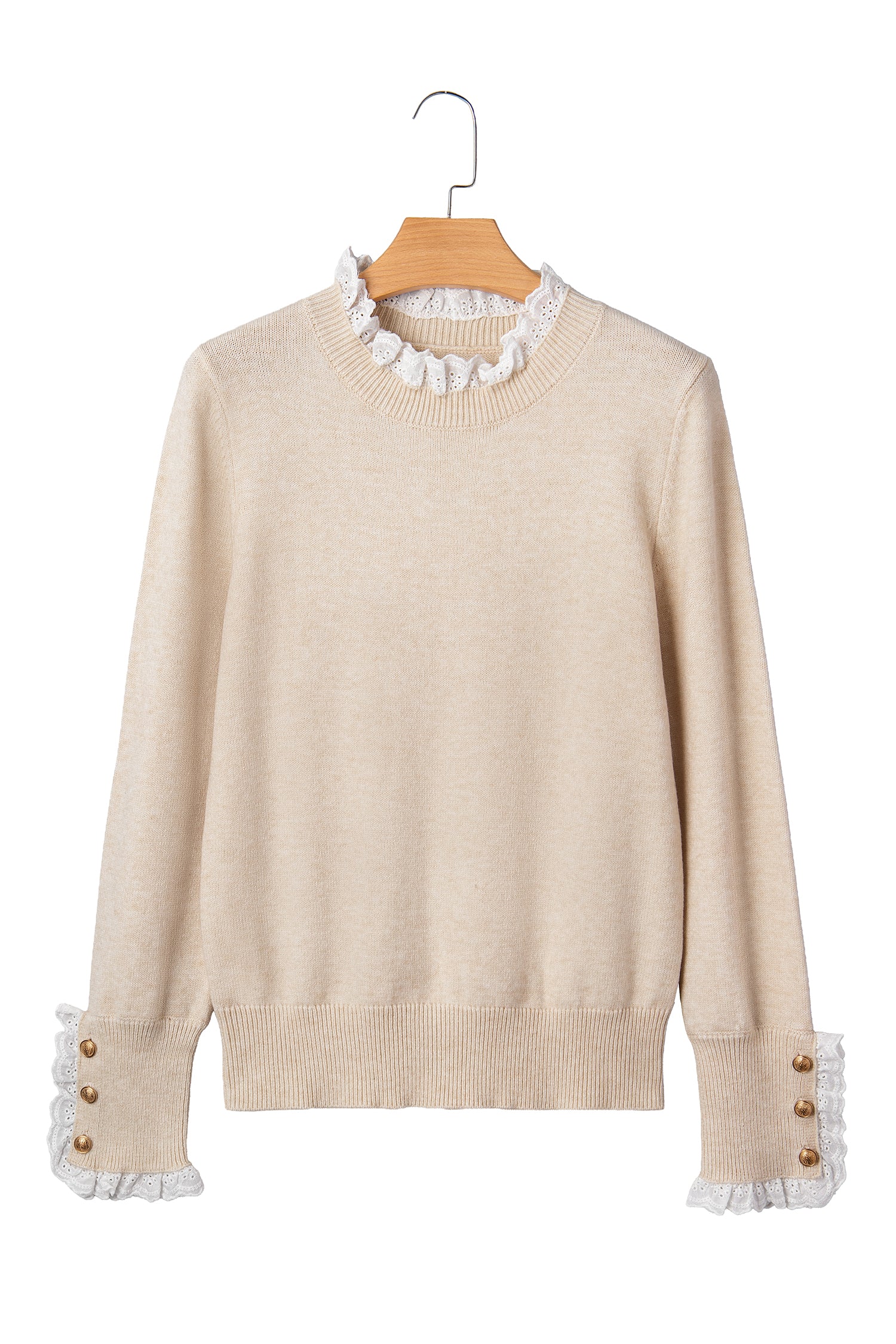 Jet Stream Lace Trim Patchwork Buttoned Cuffs Loose Sweater-TOPS / DRESSES-[Adult]-[Female]-2022 Online Blue Zone Planet