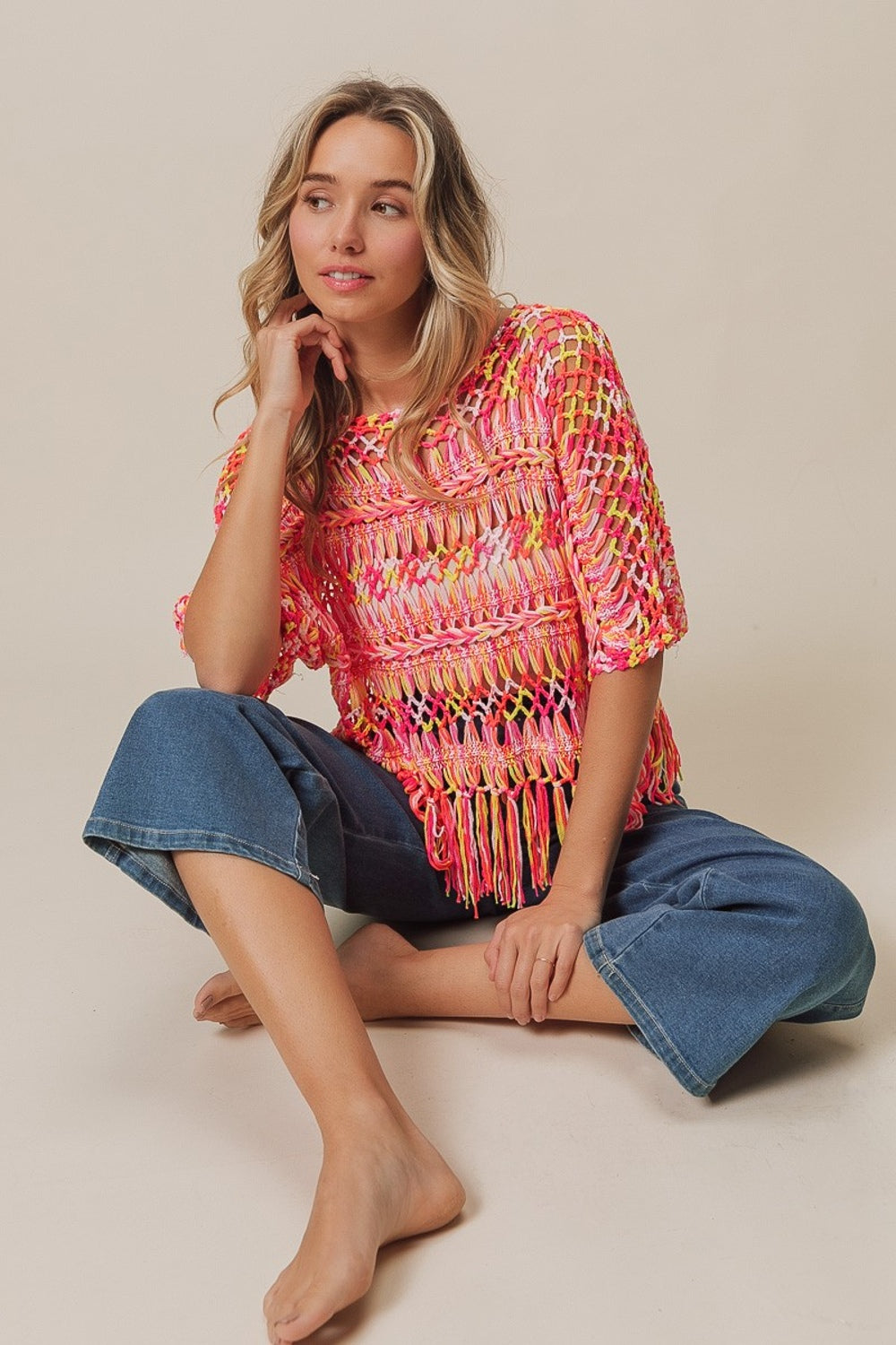 BiBi Openwork Fringed Knit Cover Up-TOPS / DRESSES-[Adult]-[Female]-2022 Online Blue Zone Planet