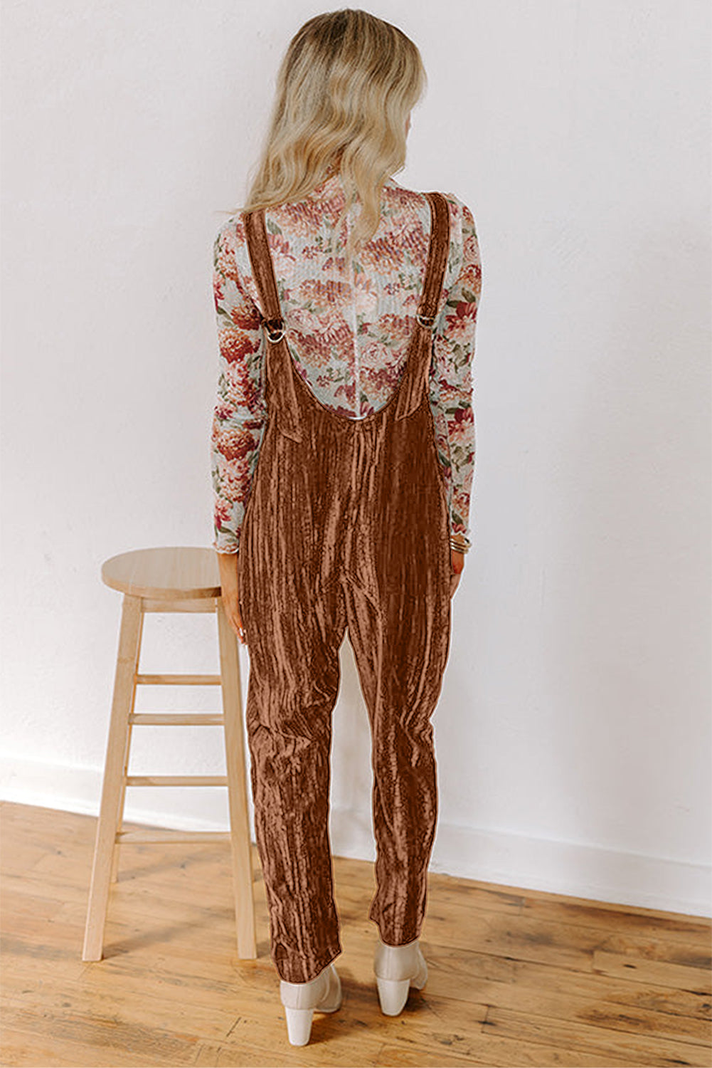 Chicory Coffee Velvet Adjustable Straps Patched Pocket Sleeveless Jumpsuit-Bottoms/Jumpsuits & Rompers-[Adult]-[Female]-2022 Online Blue Zone Planet
