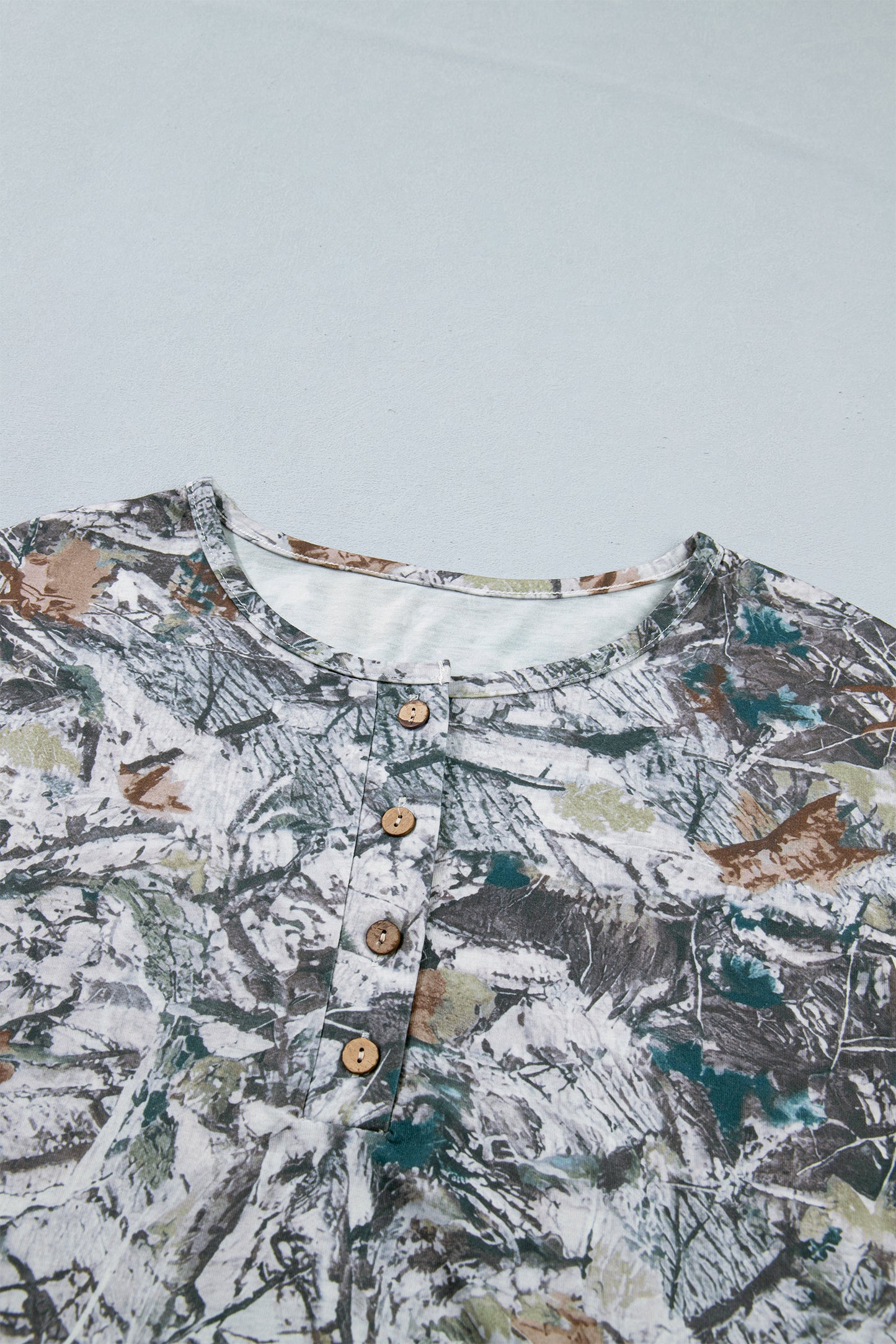 Gray Abstract Woodland Print Tunic Henley T Shirt-Tops/Tops & Tees-[Adult]-[Female]-2022 Online Blue Zone Planet