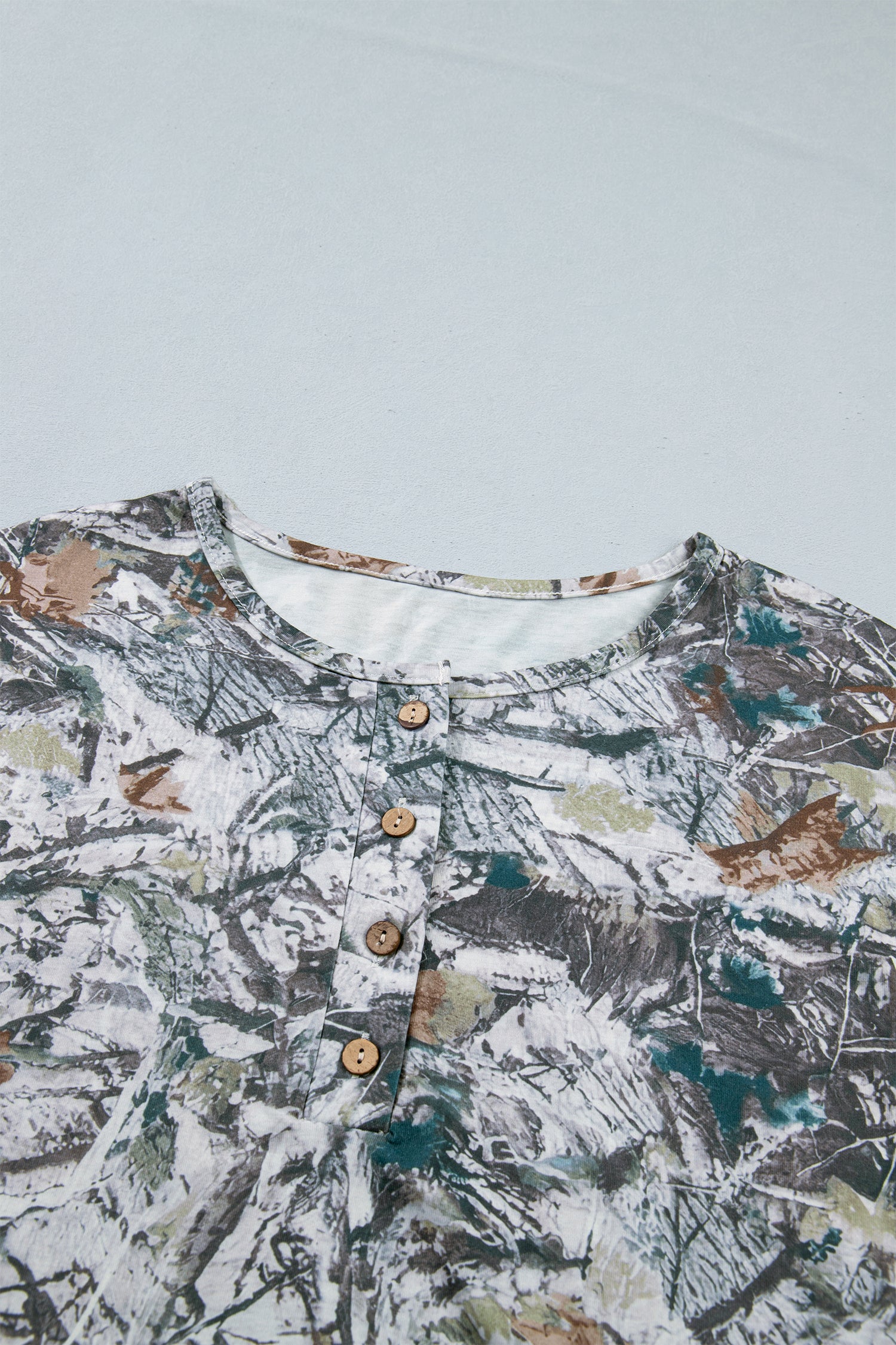 Gray Abstract Woodland Print Tunic Henley T Shirt-Tops/Tops & Tees-[Adult]-[Female]-2022 Online Blue Zone Planet