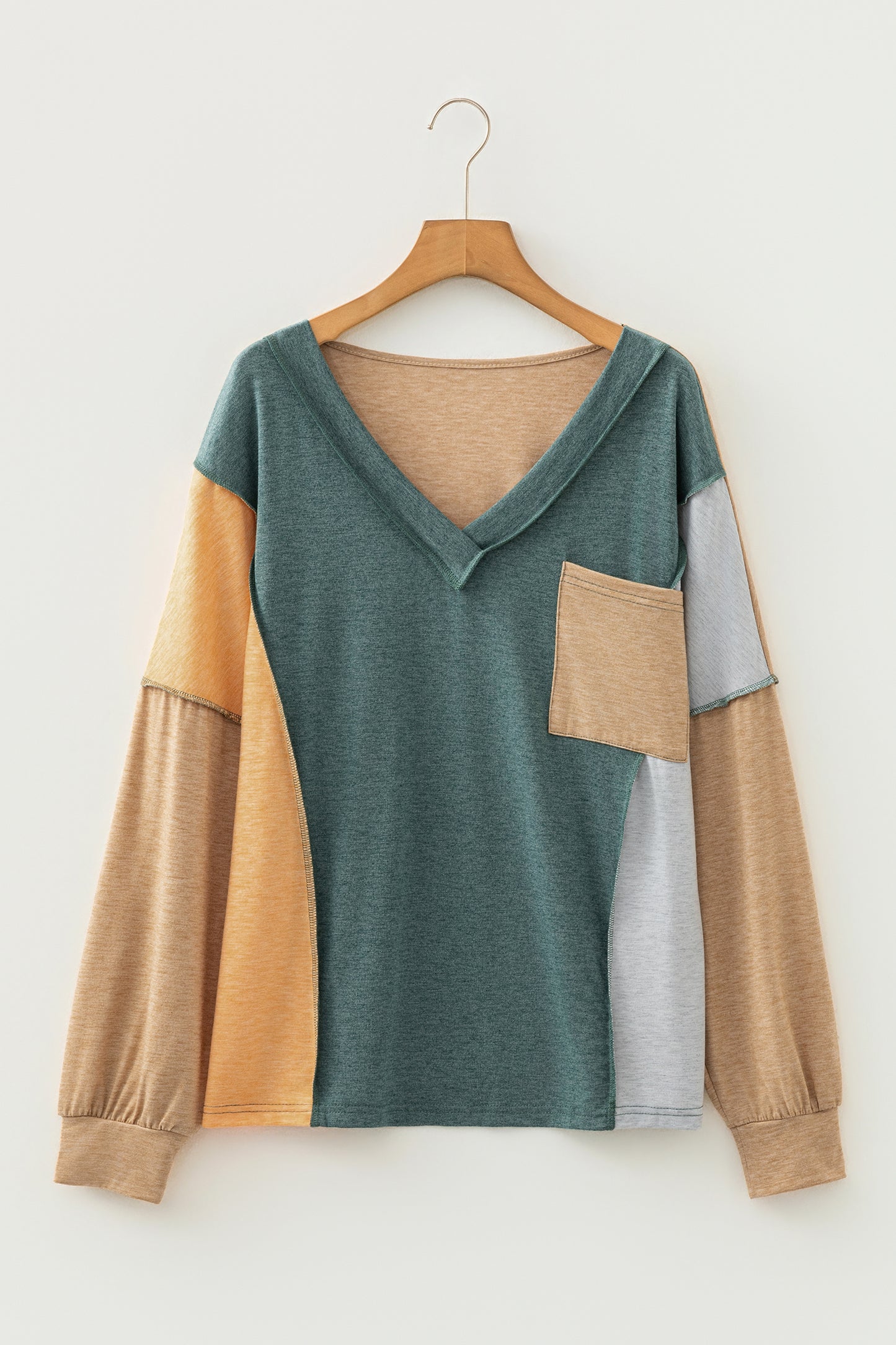 Jungle Green Exposed Stitching Colorblock V Neck Long Sleeve Top-Tops/Long Sleeve Tops-[Adult]-[Female]-2022 Online Blue Zone Planet