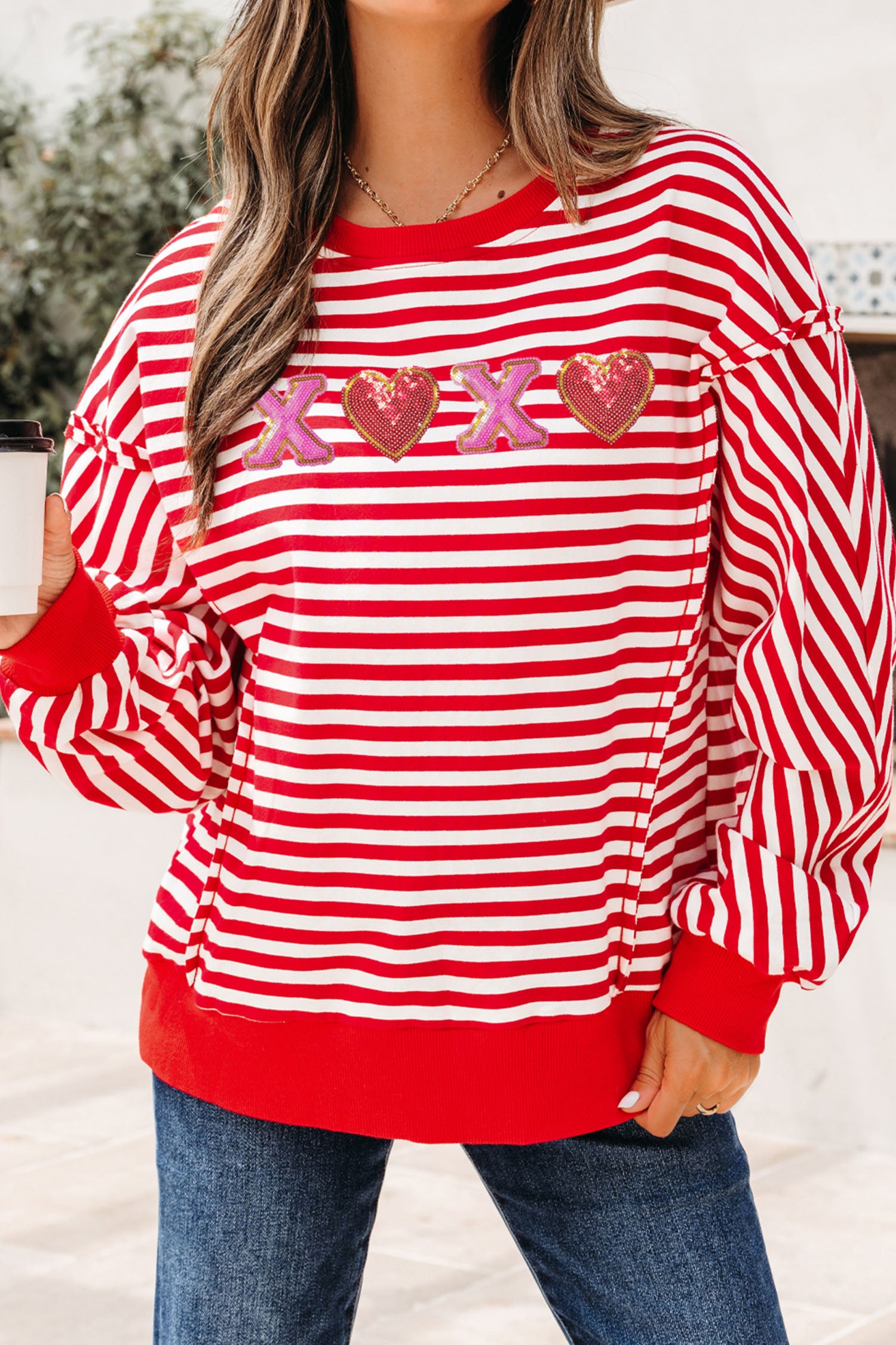 Red Stripe XOXO Sequin Heart Patched Valentines Day Long Sleeve Top-Graphic Long Sleeve Tees-[Adult]-[Female]-Red Stripe-L-2022 Online Blue Zone Planet
