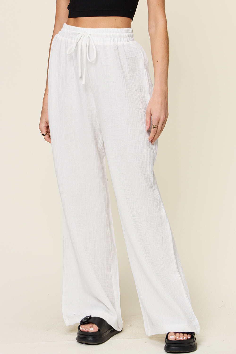 Double Take Full Size Texture Drawstring Wide Leg Pants-BOTTOMS SIZES SMALL MEDIUM LARGE-[Adult]-[Female]-White-S-2022 Online Blue Zone Planet