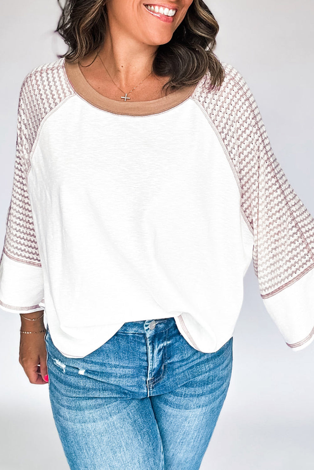 White Striped Bracelet Sleeve Raglan Patchwork Top-Tops/Long Sleeve Tops-[Adult]-[Female]-White-S-2022 Online Blue Zone Planet