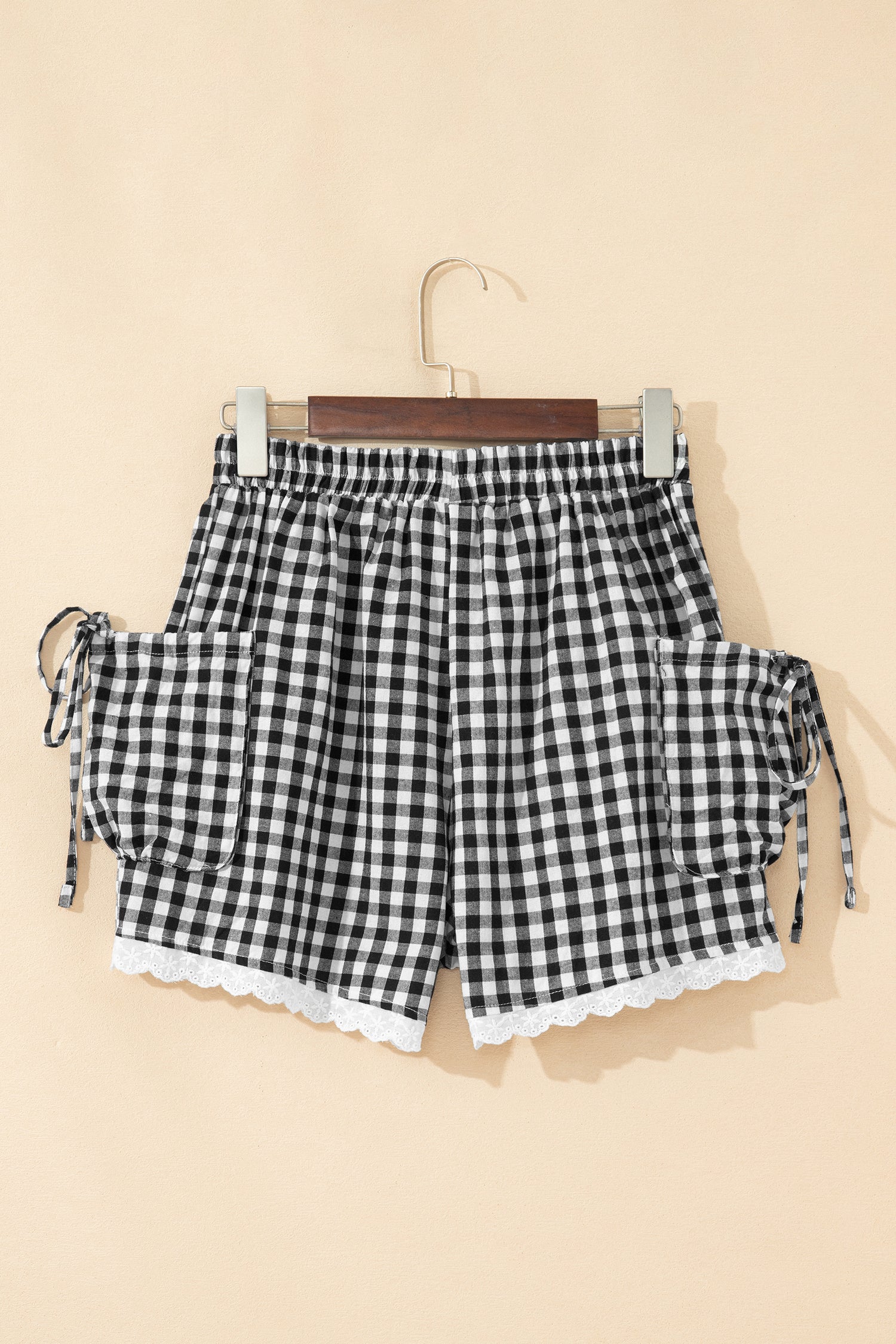 Black Gingham Lace Trim Shorts With Pouch Pockets-Bottoms/Casual Shorts-[Adult]-[Female]-2022 Online Blue Zone Planet