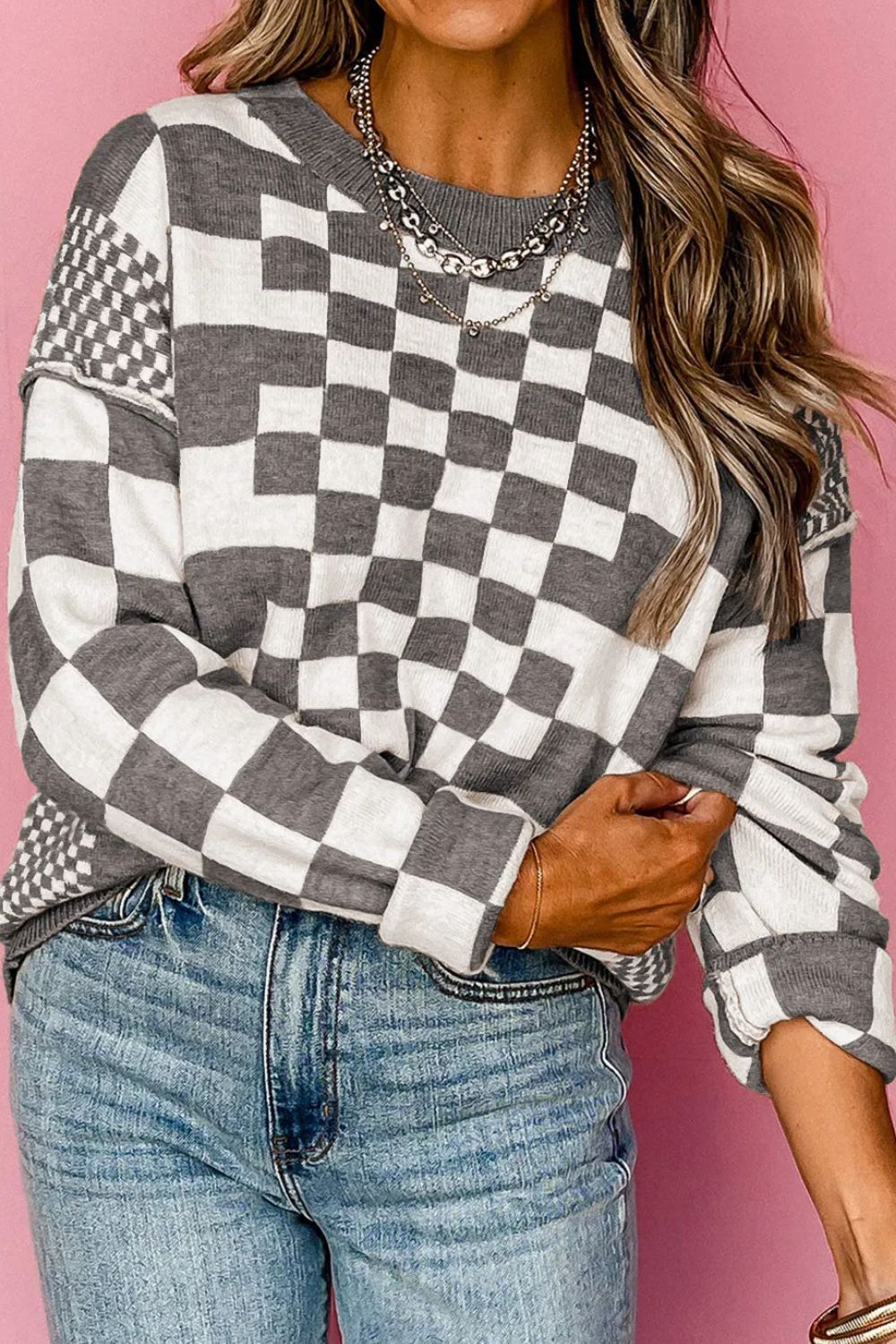 Blue Zone Planet | Checkered Round Neck Long Sleeve Sweater-TOPS / DRESSES-[Adult]-[Female]-Gray-M-2022 Online Blue Zone Planet