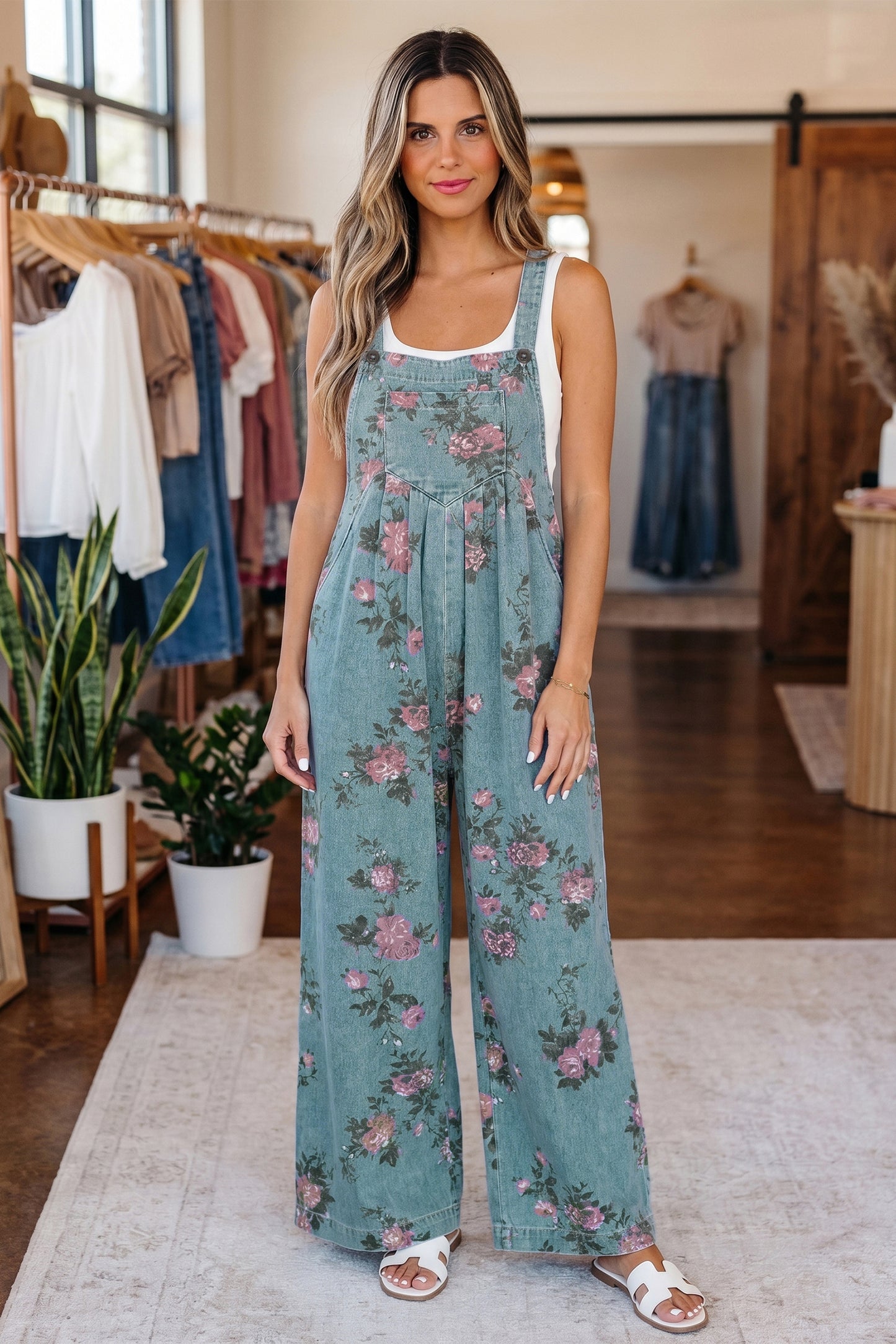 Blue Beau Floral Print Pleated High Waist Wide Leg Denim Jumpsuit-Bottoms/Jumpsuits & Rompers-[Adult]-[Female]-Beau Blue-S-2022 Online Blue Zone Planet