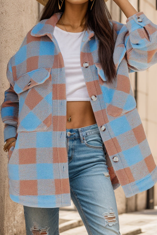 Plaid Button Up Dropped Shoulder Jacket-TOPS / DRESSES-[Adult]-[Female]-Gray-XS-2022 Online Blue Zone Planet