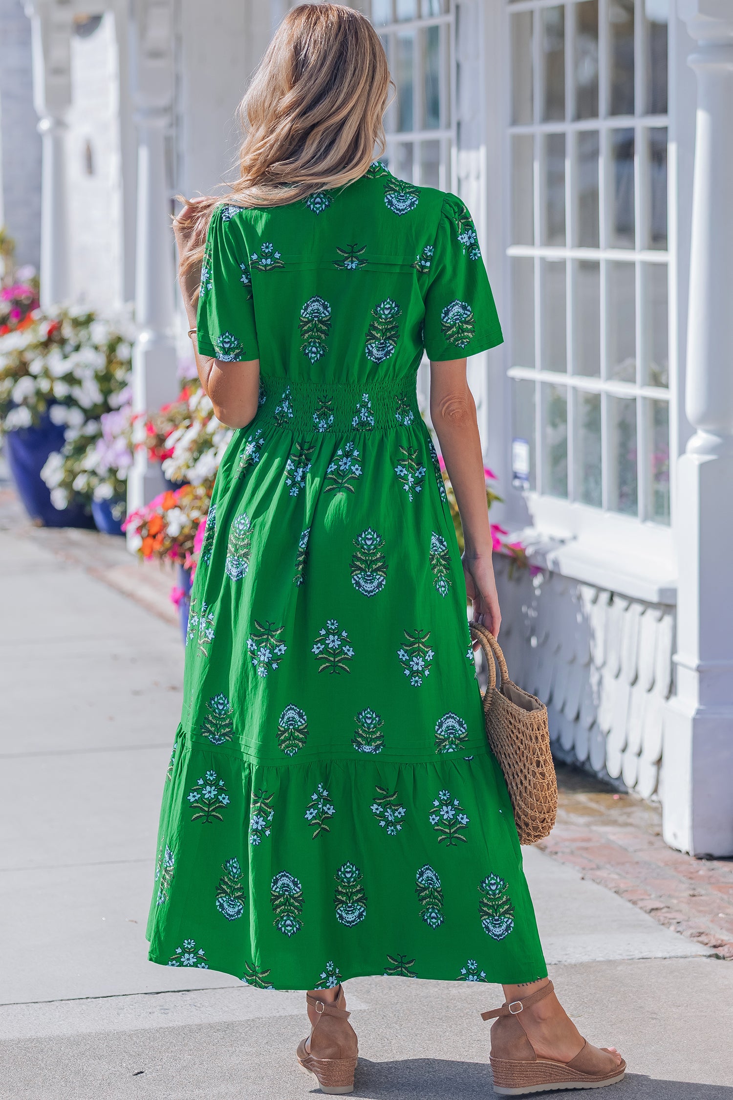 Green Floral Print Split Neck Shirred High Waist Ruffle Hem Maxi Dress-TOPS / DRESSES-[Adult]-[Female]-2022 Online Blue Zone Planet