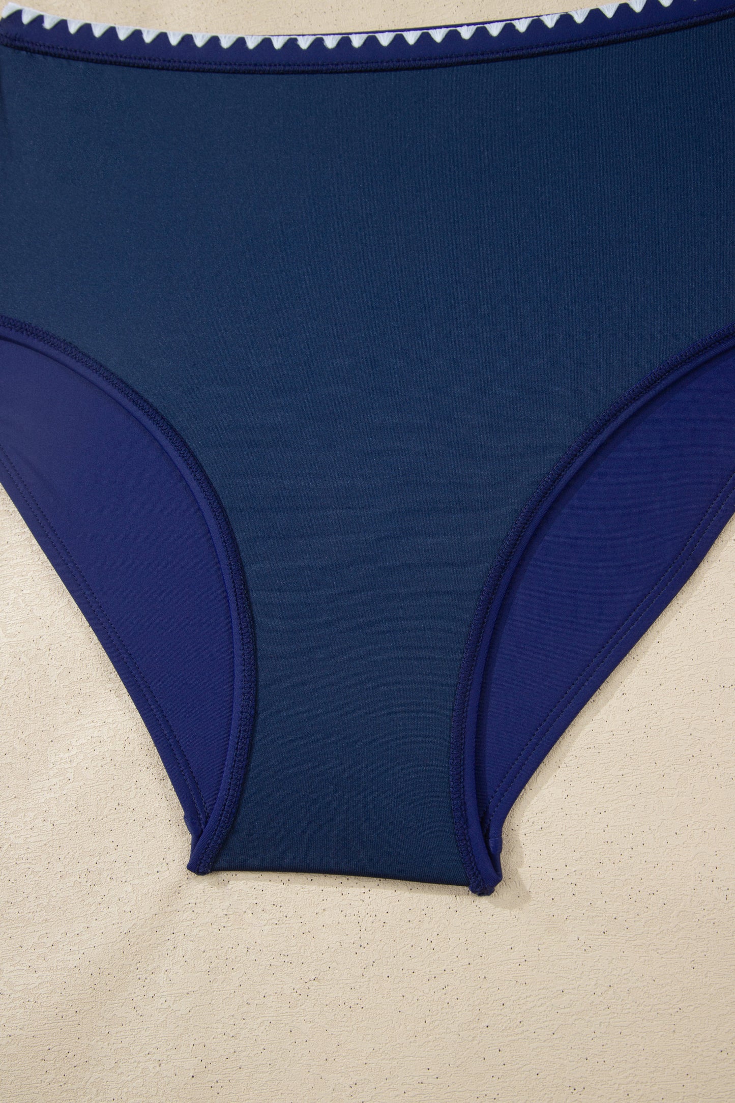 Dark Blue Shell Stitched Trim V Neck Textured Mix and Match High Waist Bikinis-Swimwear/Bikinis-[Adult]-[Female]-2022 Online Blue Zone Planet