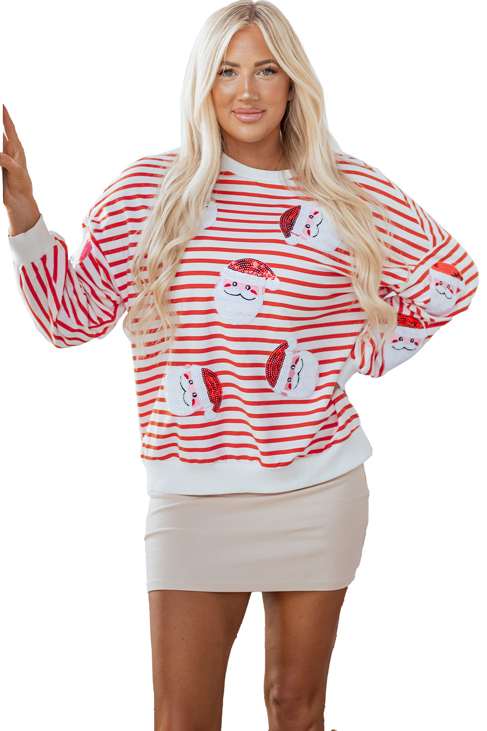 Blue Zone Planet | Orange Stripe Sequin Santa Claus Pattern Christmas Pullover Sweatshirt-Graphic/Graphic Sweatshirts-[Adult]-[Female]-2022 Online Blue Zone Planet