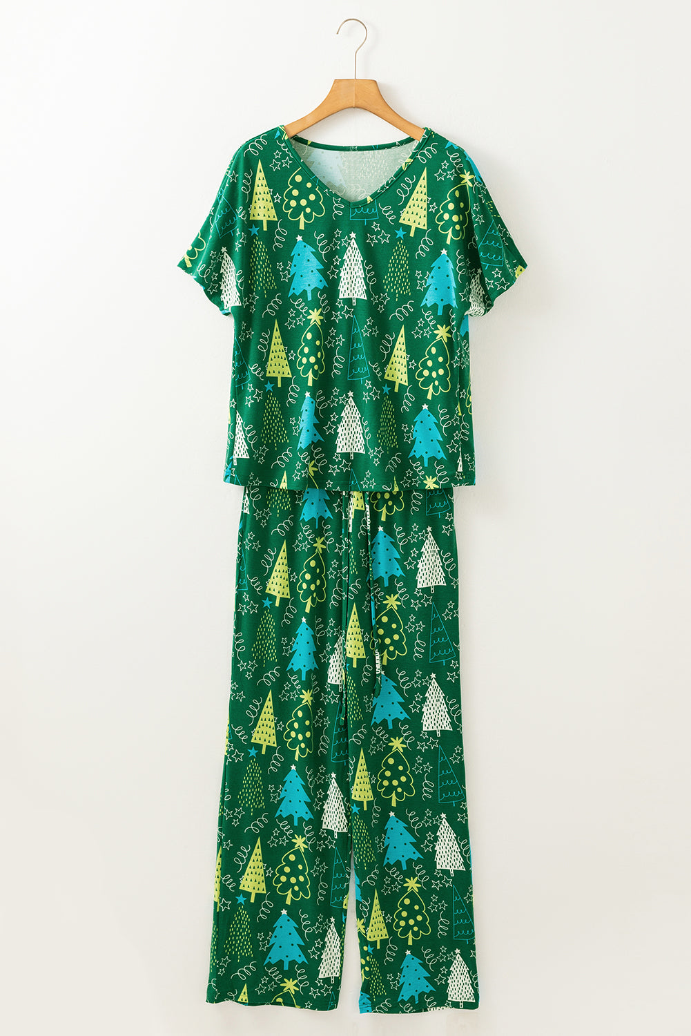Green Christmas Tree Print V Neck Tee and Pants Pajama Set-Loungewear Set-[Adult]-[Female]-2022 Online Blue Zone Planet
