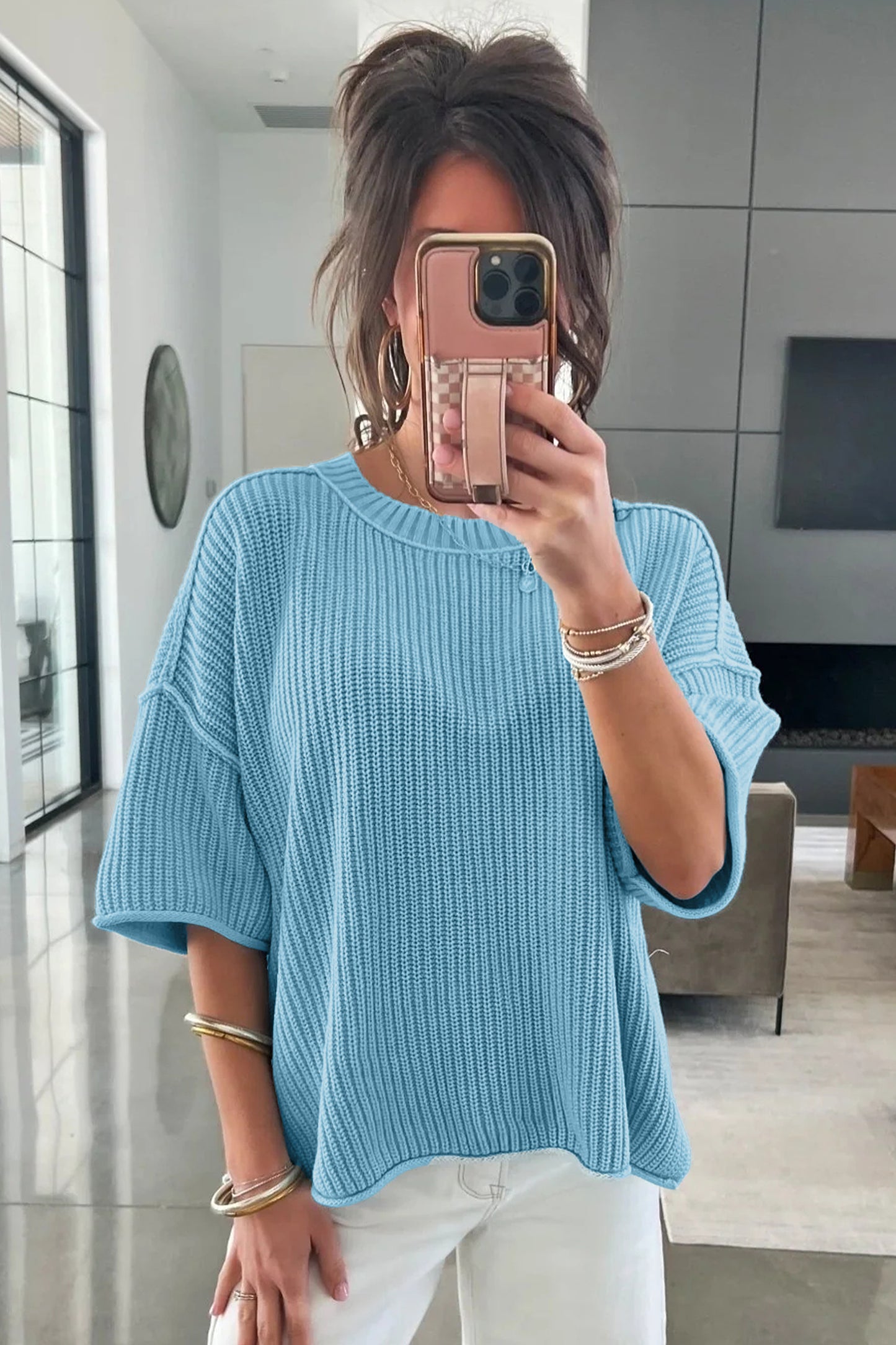 Mist Blue Exposed Seam Detail Half Sleeve Loose Sweater-Sweaters & Cardigans/Short Sleeve Sweaters-[Adult]-[Female]-2022 Online Blue Zone Planet