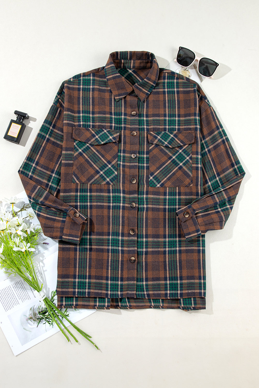 Brown Plaid Print Chest Pockets Buttoned Shirt Jacket-Outerwear/Plaid Shackets-[Adult]-[Female]-2022 Online Blue Zone Planet