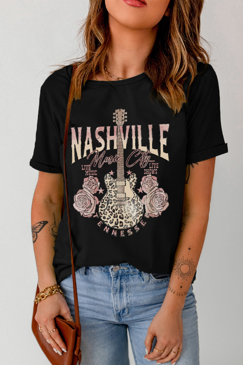 Black Nashville Music City Leopard Guitar Graphic T Shirt-Graphic/Graphic Tees-[Adult]-[Female]-2022 Online Blue Zone Planet