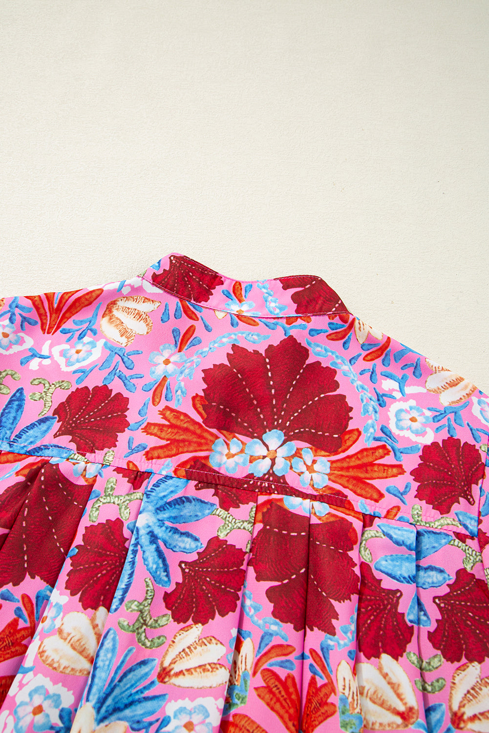 Pink Floral Print Bubble Sleeve Button Up Pleated Shirt-Tops/Blouses & Shirts-[Adult]-[Female]-2022 Online Blue Zone Planet