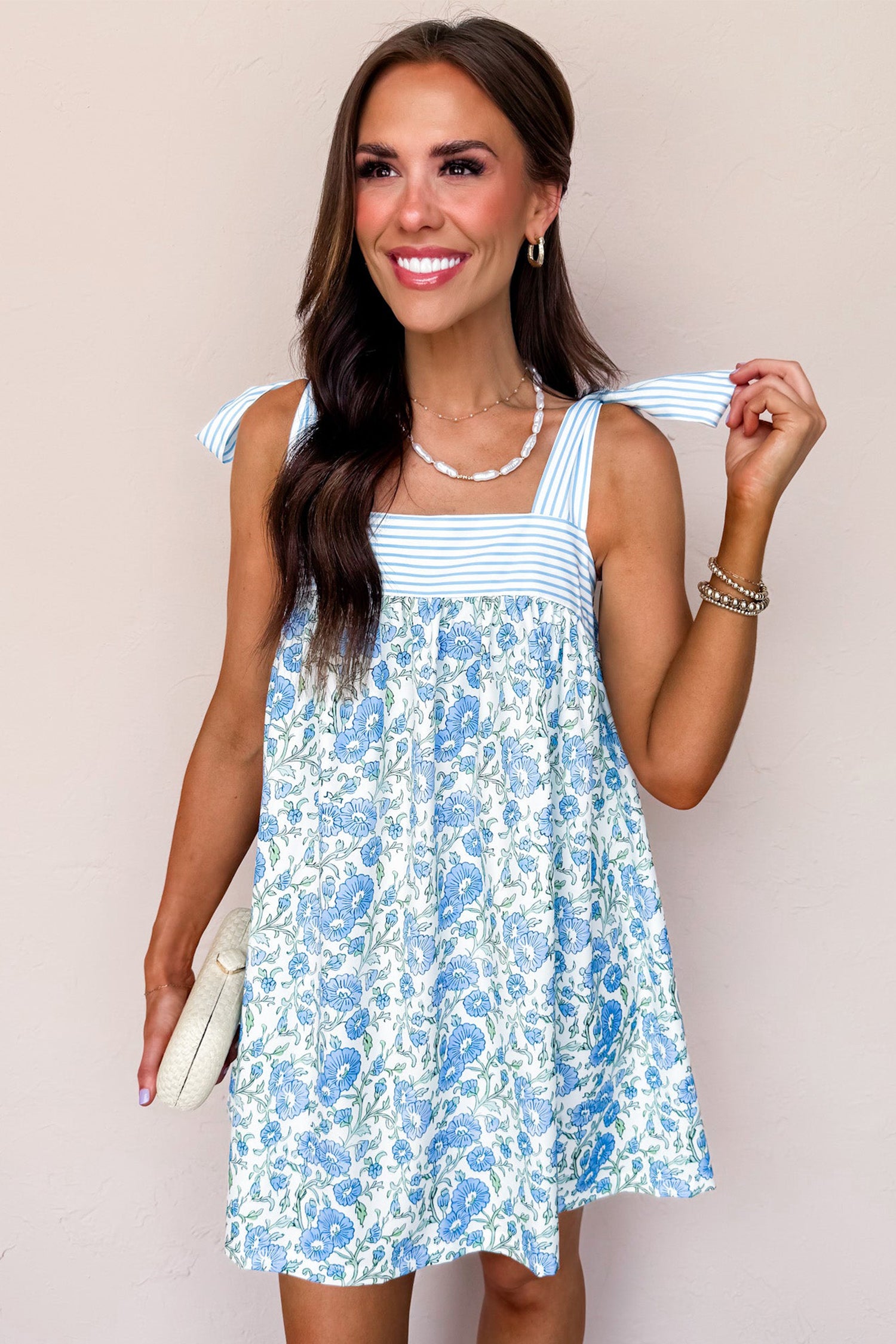 Sky Blue Floral Print Striped Patchwork Bow Knot Straps Mini Dress-TOPS / DRESSES-[Adult]-[Female]-2022 Online Blue Zone Planet