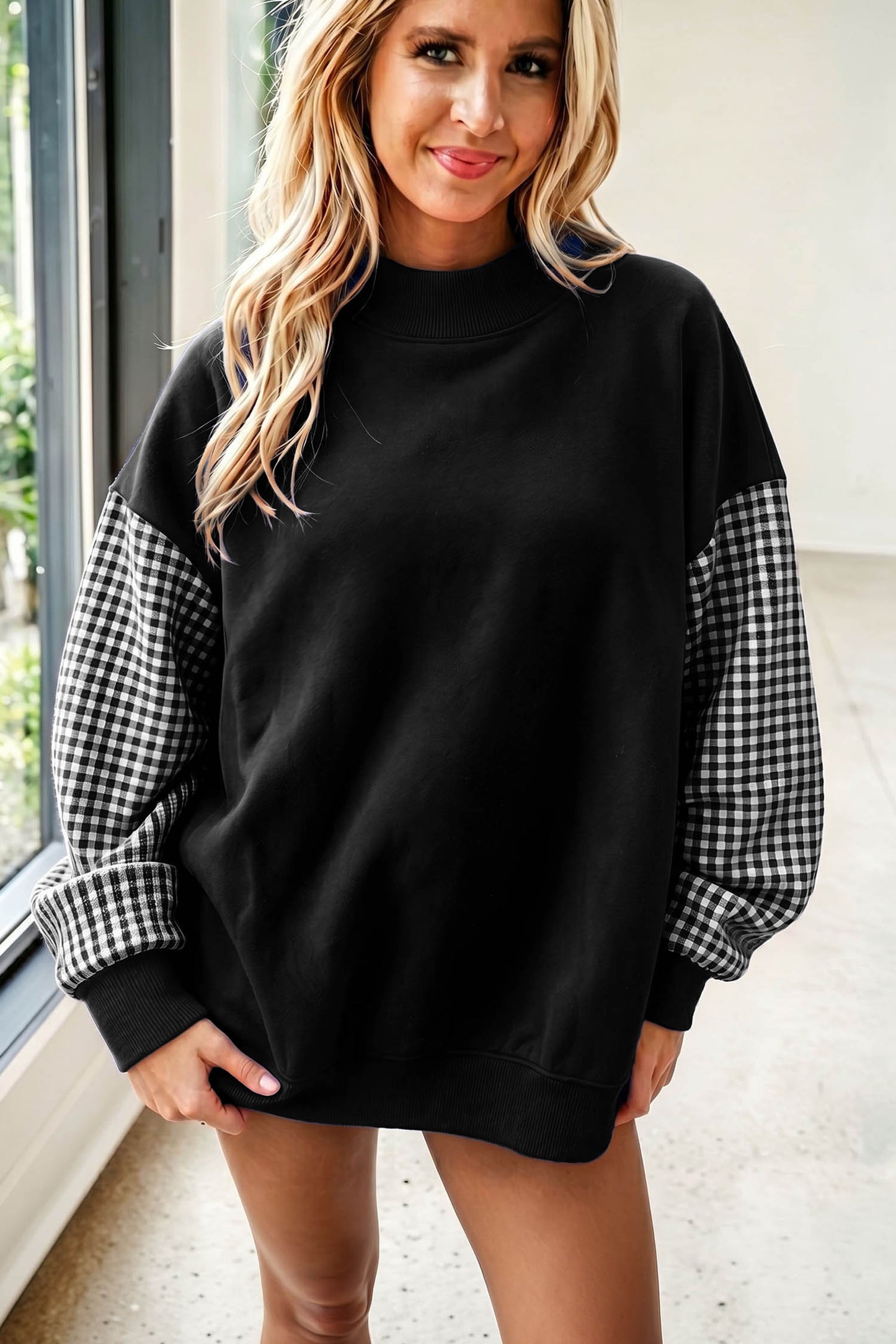 Coffee Plaid Sleeve Colorblock Loose Tunic Sweatshirt