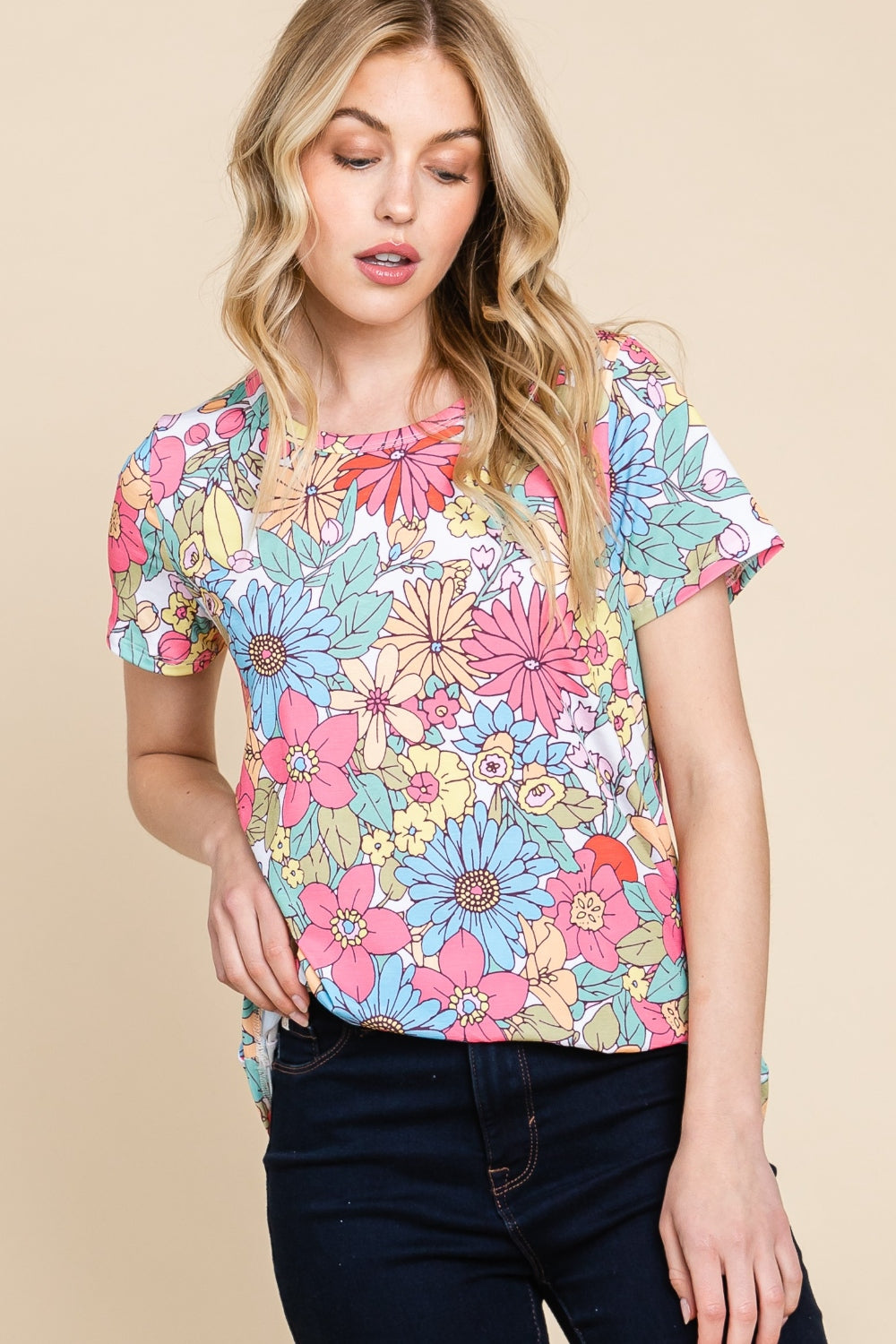 BOMBOM Floral Short Sleeve T-Shirt-TOPS / DRESSES-[Adult]-[Female]-2022 Online Blue Zone Planet