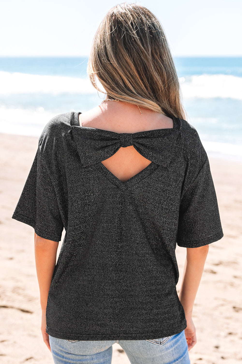 Black Bow Decor Glittery Short Sleeve Top-Tops/Tops & Tees-[Adult]-[Female]-2022 Online Blue Zone Planet