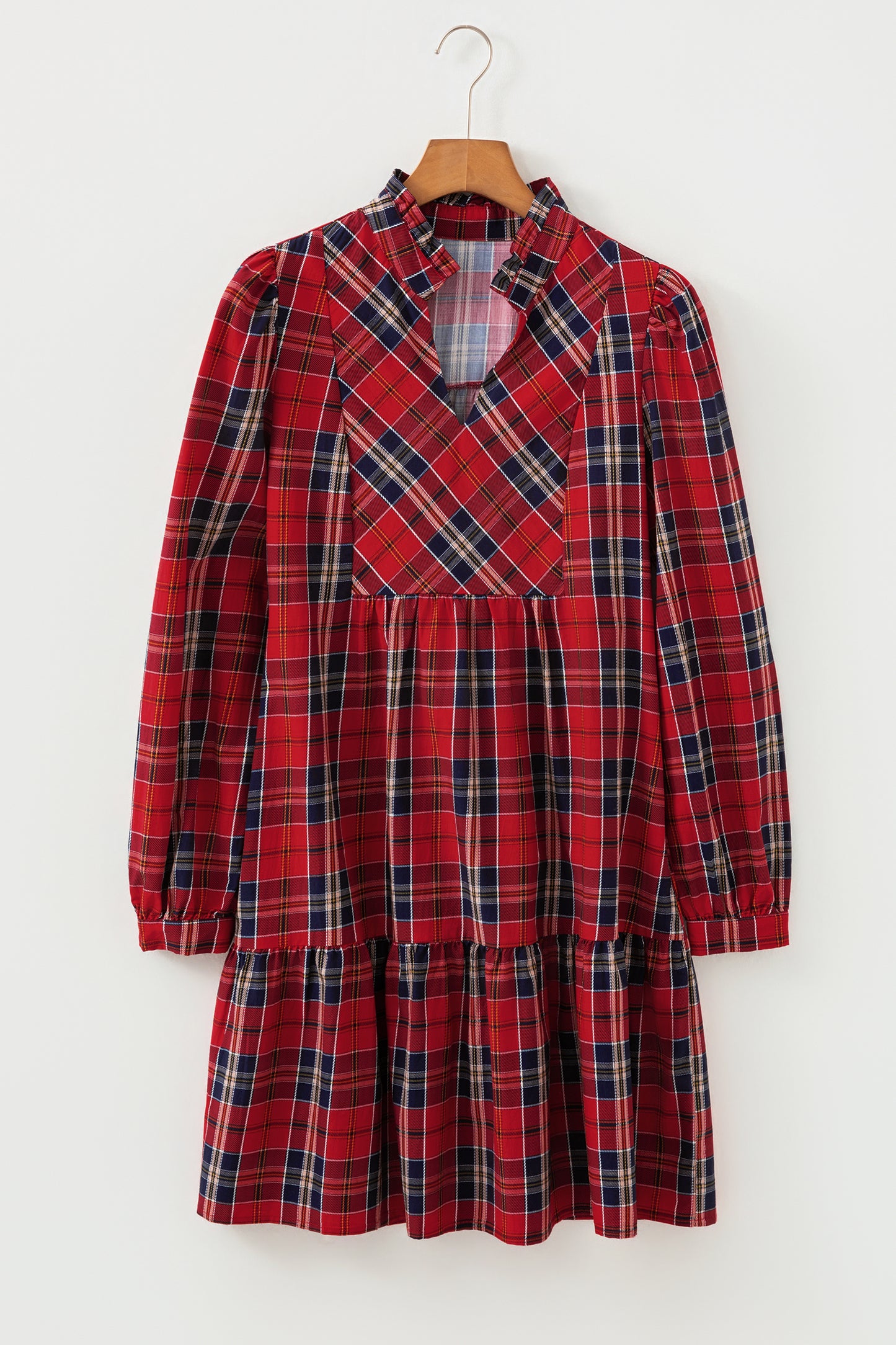 Red Plaid Print Frilly Collar Long Sleeve Shift Mini Dress-TOPS / DRESSES-[Adult]-[Female]-2022 Online Blue Zone Planet