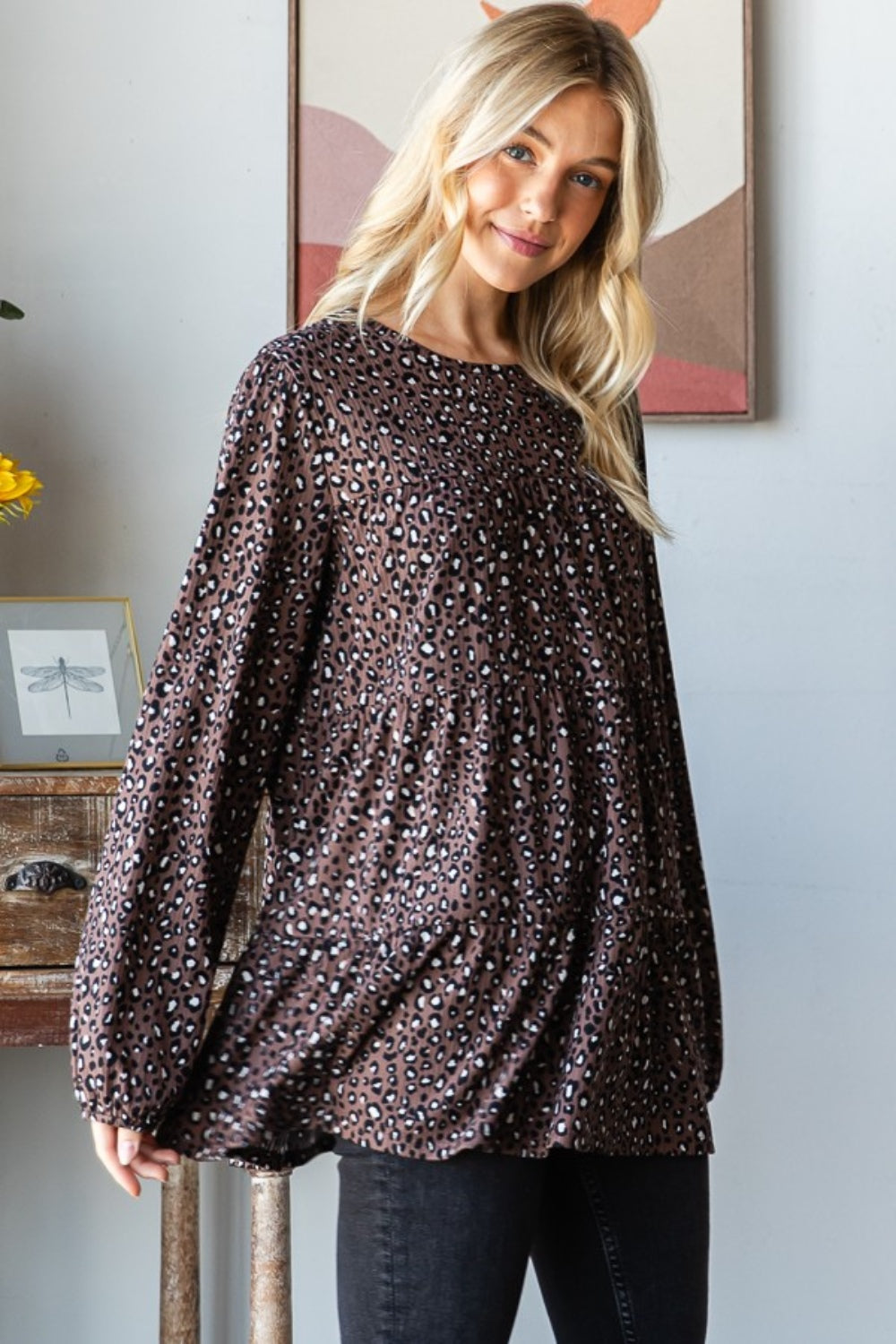 Heimish Leopard Long Sleeve Tiered Blouse-TOPS / DRESSES-[Adult]-[Female]-2022 Online Blue Zone Planet