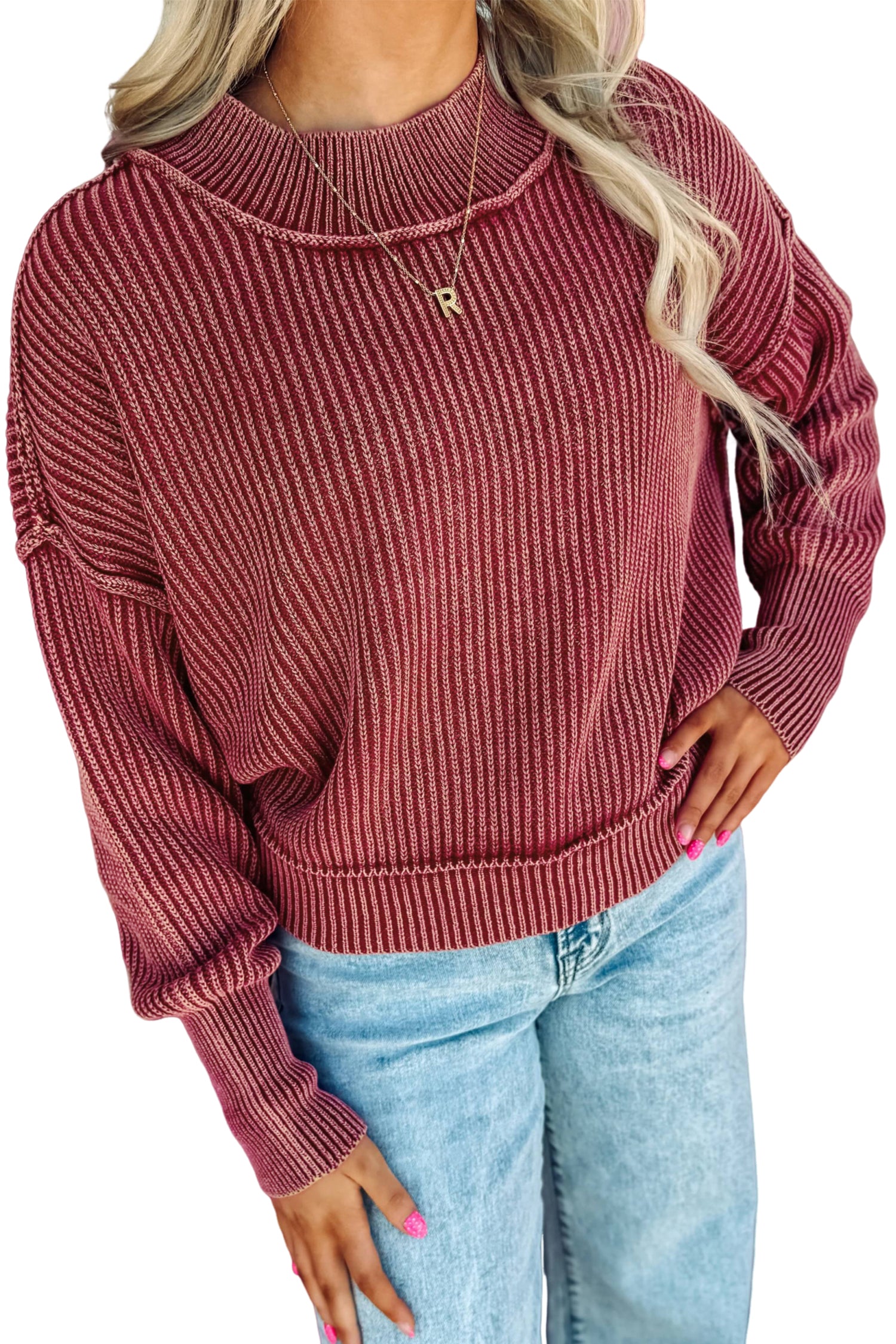 Red Dahlia Drop Shoulder High Neck Ribbed Sweater-Sweaters & Cardigans/Sweaters-[Adult]-[Female]-2022 Online Blue Zone Planet