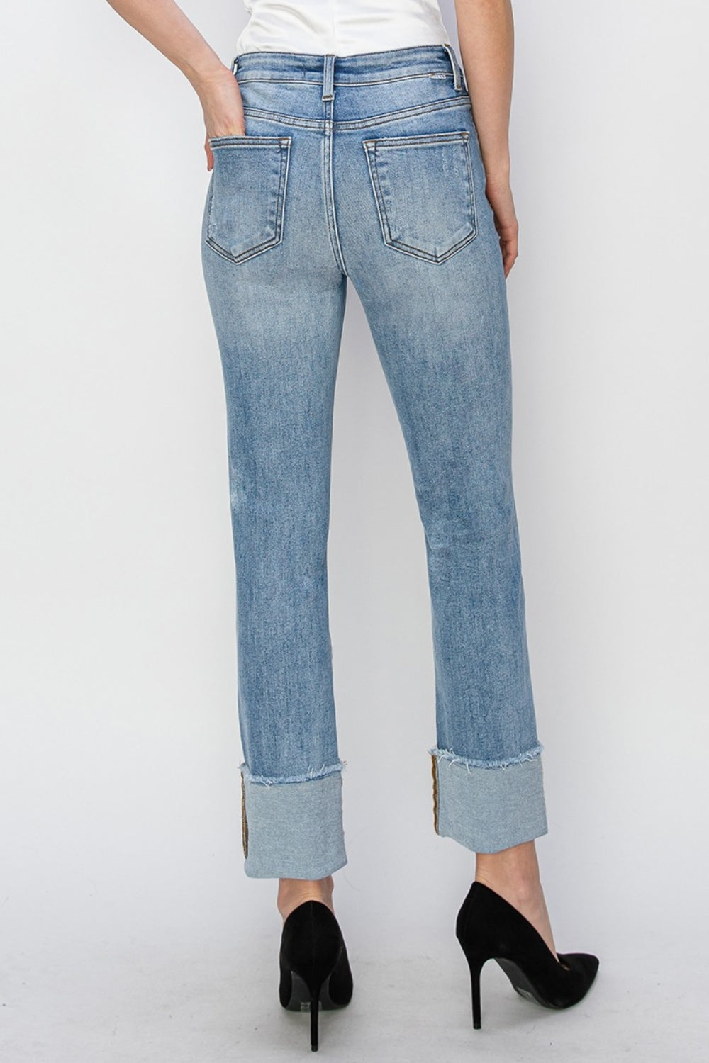 RISEN Full Size High Rise Cuffed Slim Straight Jeans-[Adult]-[Female]-2022 Online Blue Zone Planet