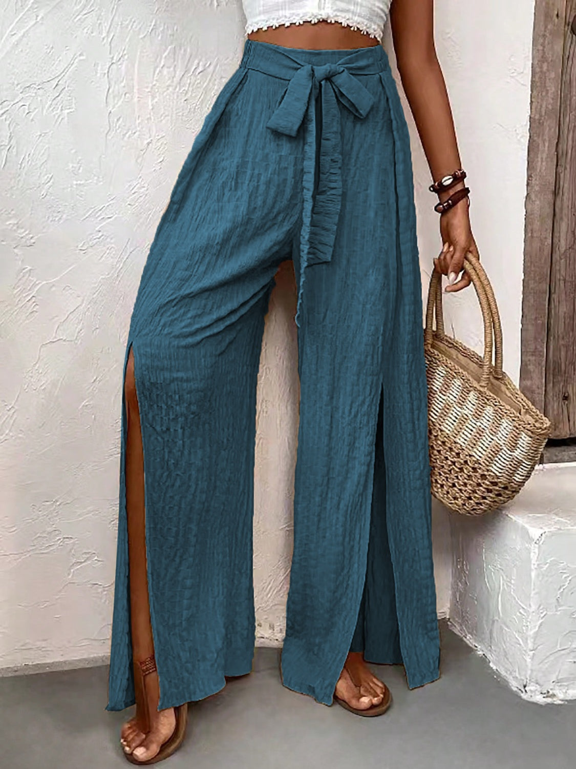 Honey Tied Slit Wide Leg Pants-BOTTOMS SIZES SMALL MEDIUM LARGE-[Adult]-[Female]-2022 Online Blue Zone Planet