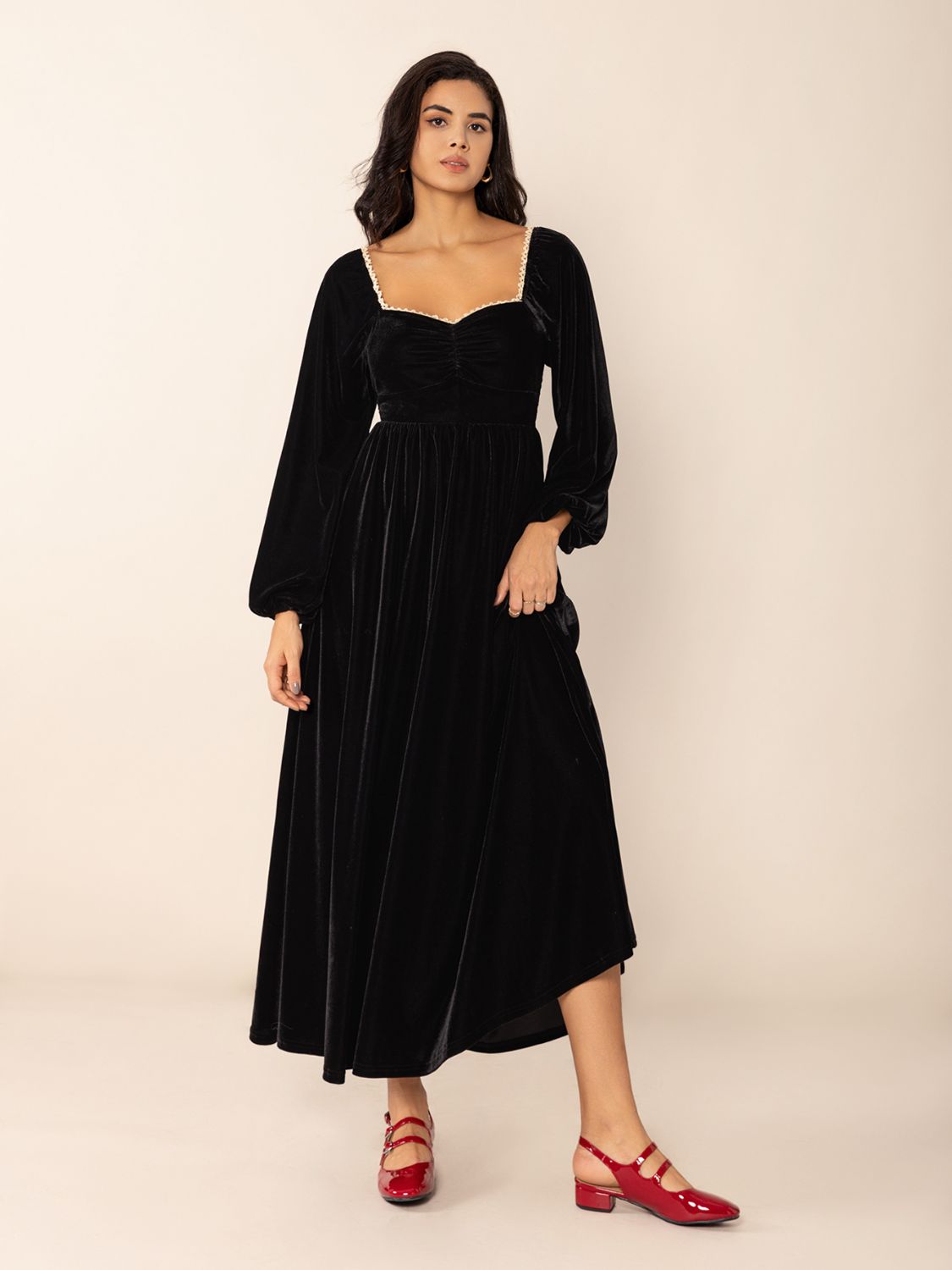 Sweetheart Neck Long Sleeve Midi Dress-TOPS / DRESSES-[Adult]-[Female]-2022 Online Blue Zone Planet