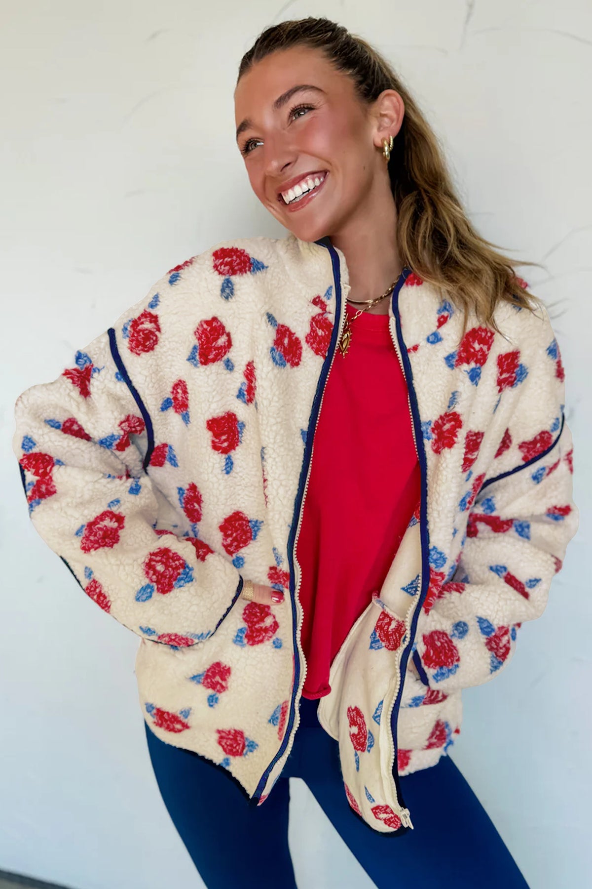 White Floral Print Zipper Stand Neck Outerwear Fleece Coat