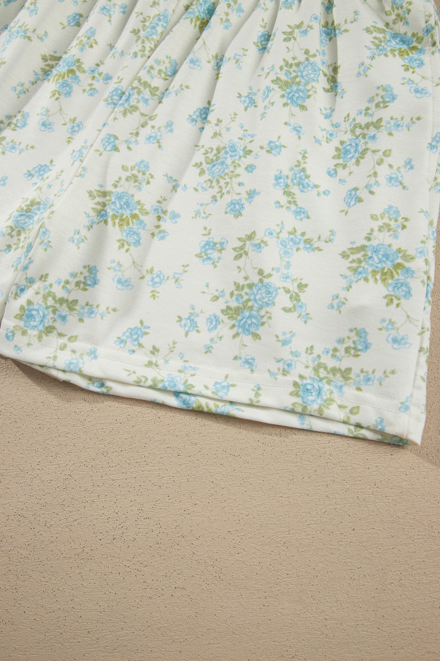 Sky Blue Floral Print Short Sleeve Elastic Waist Pocket Two Piece Set-Two Piece Sets/Short Sets-[Adult]-[Female]-2022 Online Blue Zone Planet