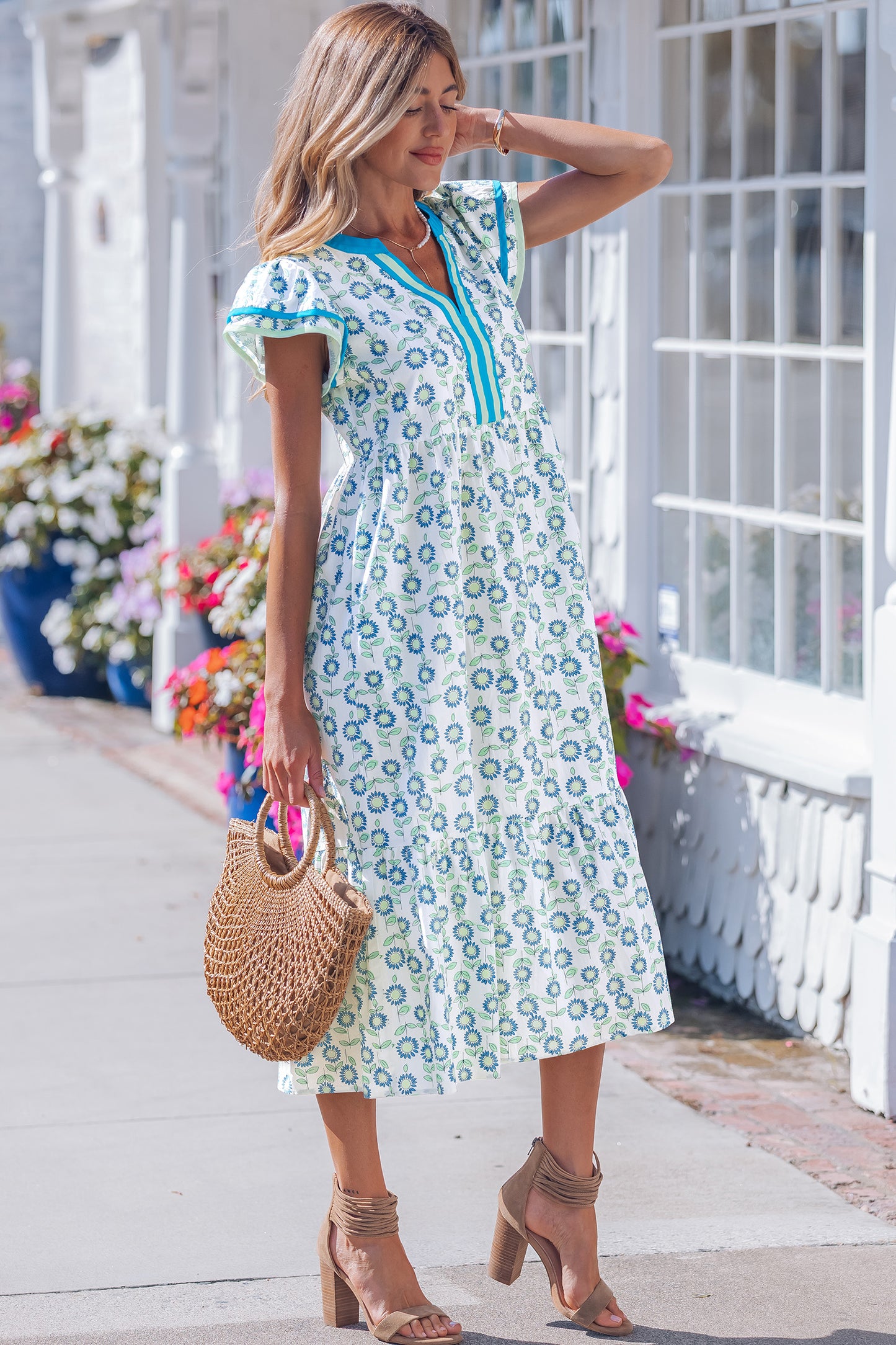 Sky Blue Cute Sunflower Printed Striped Patchwork Trim Flutter Sleeve Long Dress-Dresses/Floral Dresses-[Adult]-[Female]-2022 Online Blue Zone Planet