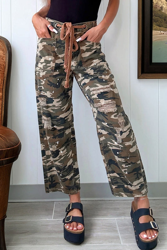 Green Camouflage Print Splashed Distressed Loose Denim Pants-Bottoms/Pants & Culotte-[Adult]-[Female]-2022 Online Blue Zone Planet