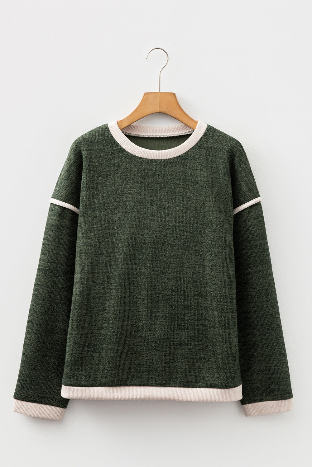 Four Leaf Clover Contrast Color Trim Knit Drop Shoulder Loose Top-Tops/Long Sleeve Tops-[Adult]-[Female]-2022 Online Blue Zone Planet