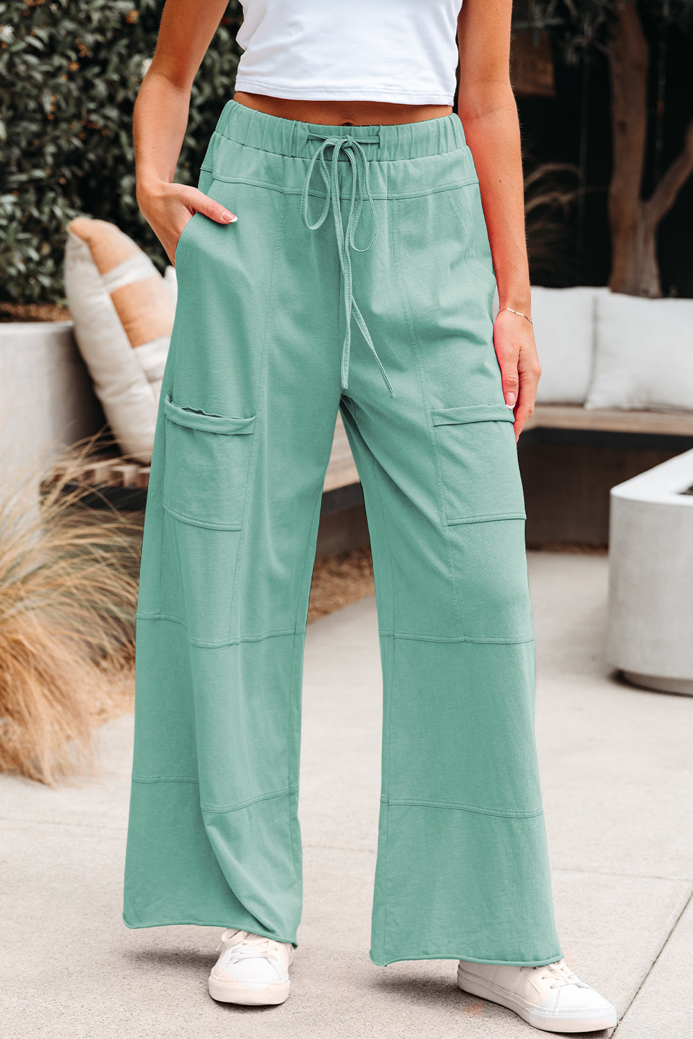 Mint Green Mineral Wash Exposed Seam Drawstring High Waist Wide Leg Cargo Pants-Bottoms/Pants & Culotte-[Adult]-[Female]-2022 Online Blue Zone Planet