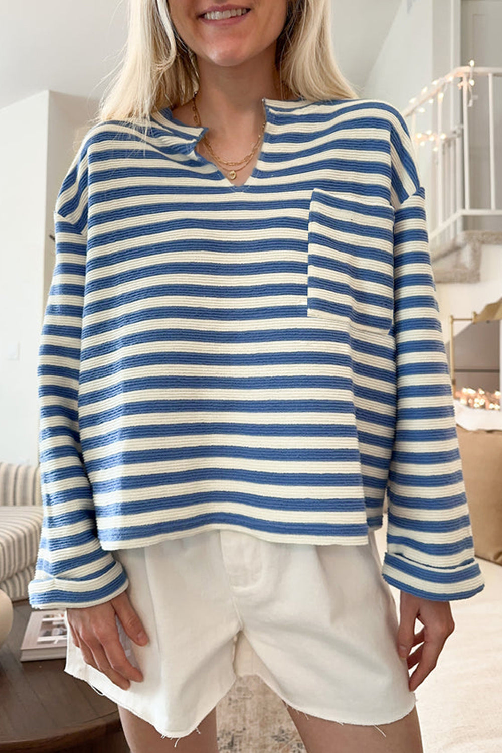Sky Blue Stripe Chest Pocket Buttoned Back Notched V Neck Top-Tops/Long Sleeve Tops-[Adult]-[Female]-Sky Blue Stripe-S-2022 Online Blue Zone Planet