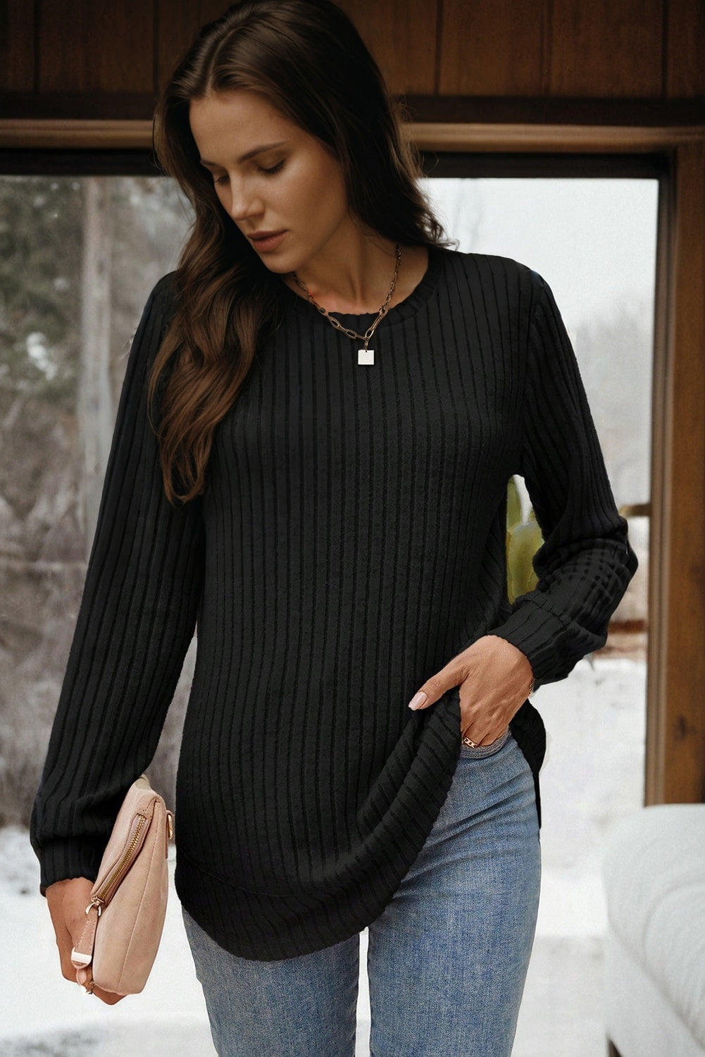 Black Ribbed Texture Round Neck Long Sleeve Rounded Hem Knit Top-Tops/Long Sleeve Tops-[Adult]-[Female]-2022 Online Blue Zone Planet