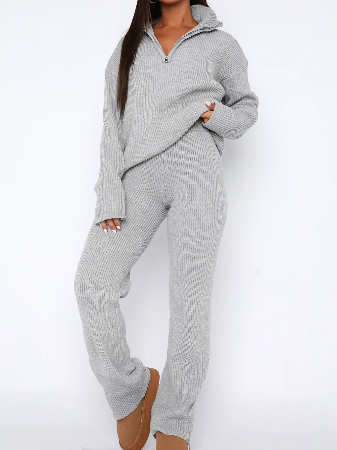 Quarter Zip Long Sleeve Top and Pants Set-TOPS / DRESSES-[Adult]-[Female]-Gray-One Size-2022 Online Blue Zone Planet