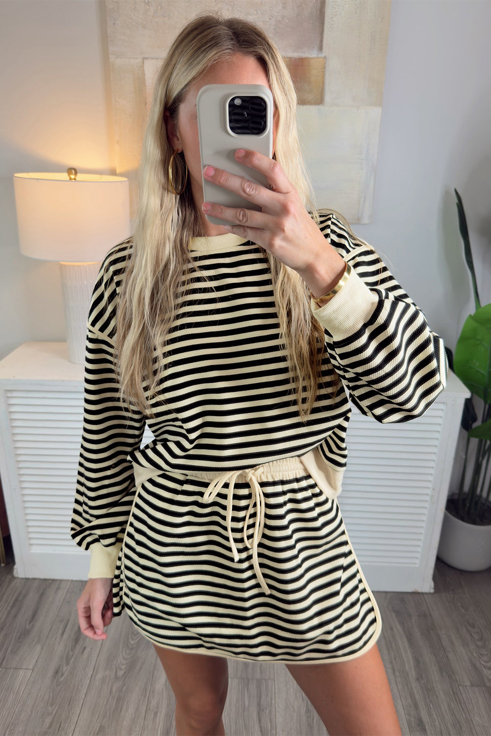 Black Stripe Textured Drop Shoulder Pullover Top Drawstring Mini Skirt Two Piece Dress Set-TOPS / DRESSES-[Adult]-[Female]-2022 Online Blue Zone Planet