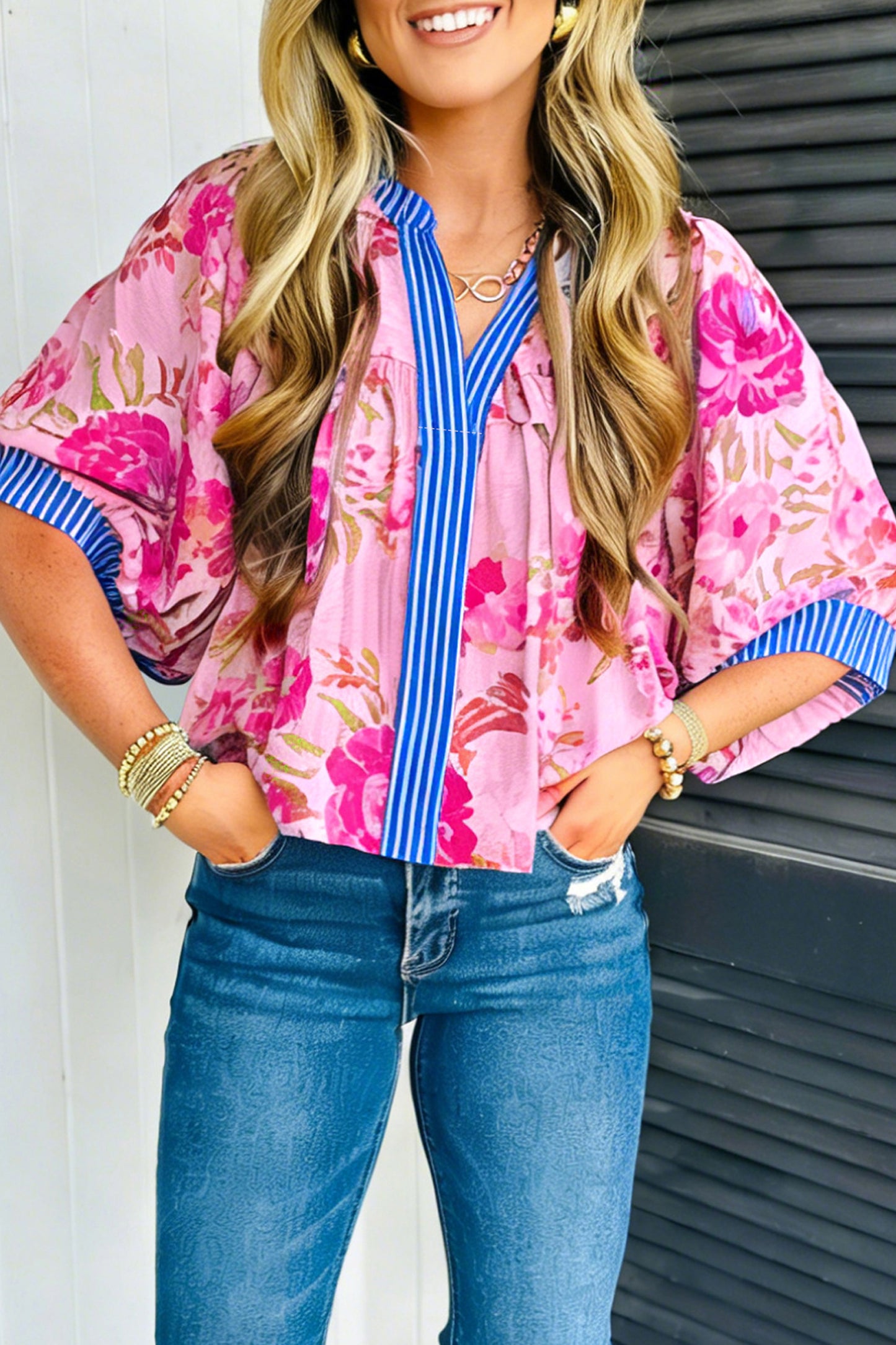 Multicolour Floral Half Sleeve Striped Trim V Neck Blouse-Tops/Blouses & Shirts-[Adult]-[Female]-Multicolour-S-2022 Online Blue Zone Planet