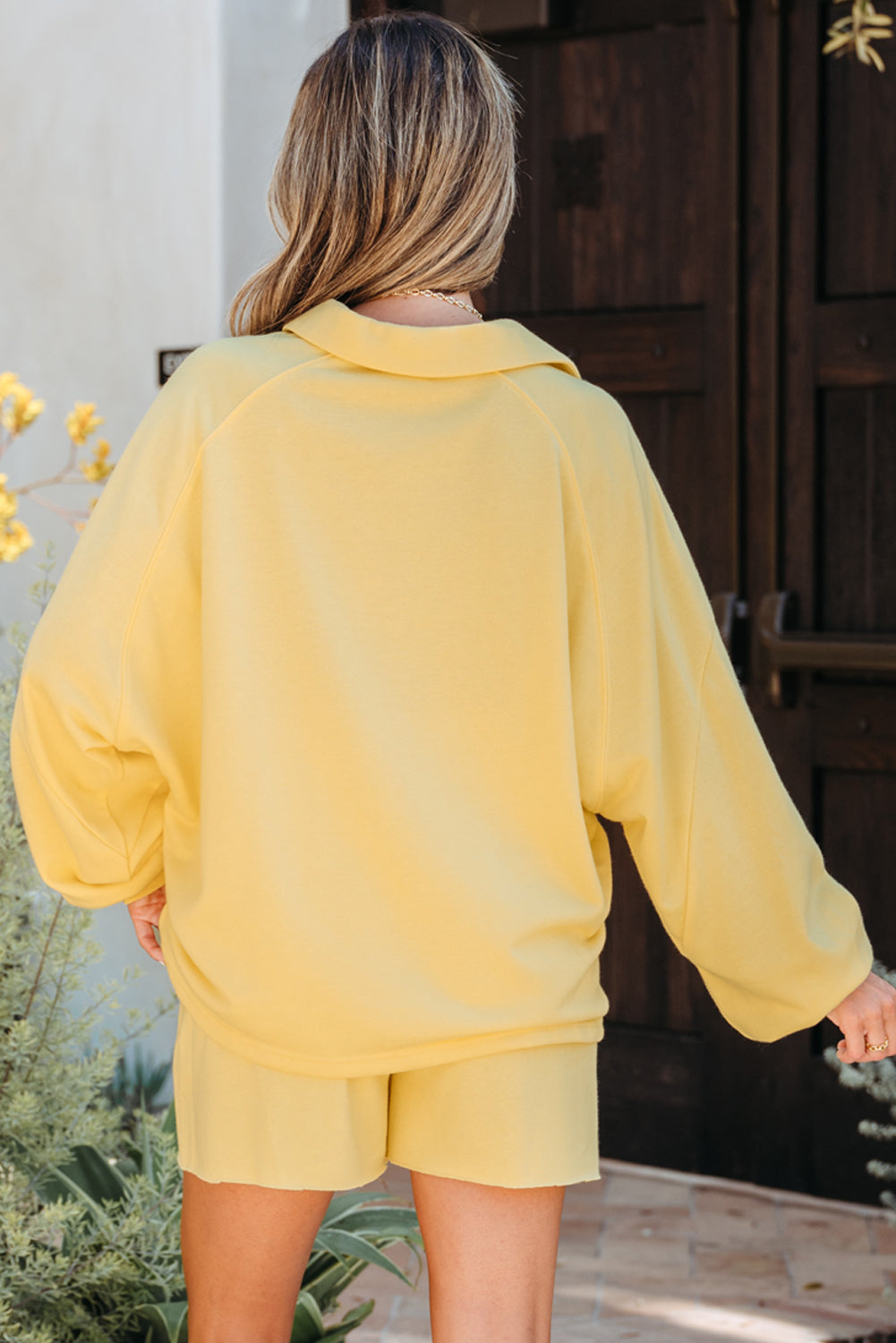 Yellow Cream Button Collar Drop Shoulder Pullover and Shorts 2pcs Outfit-Two Piece Sets/Short Sets-[Adult]-[Female]-2022 Online Blue Zone Planet