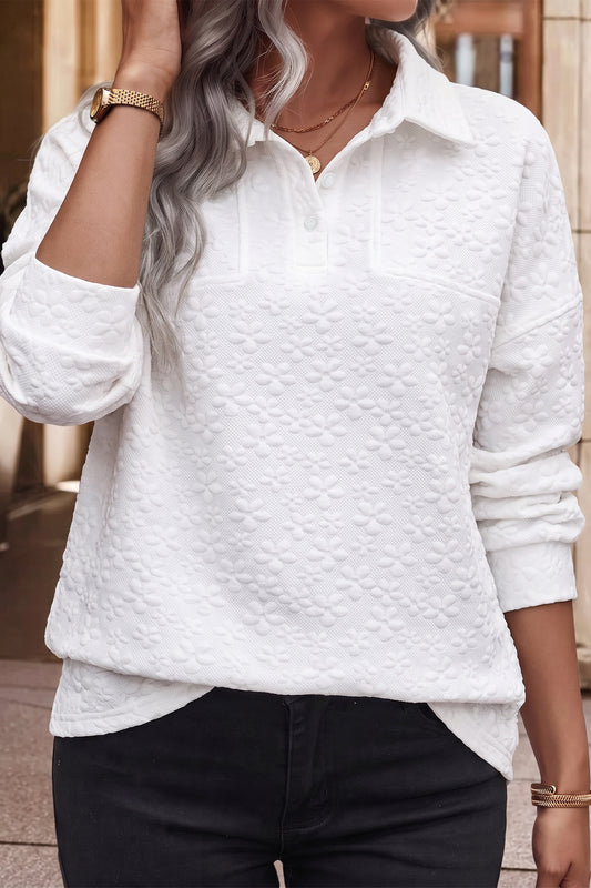 White Solid Color Textured Relaxed Button Collar Pullover Sweatshirt-Tops/Sweatshirts & Hoodies-[Adult]-[Female]-White-S-2022 Online Blue Zone Planet