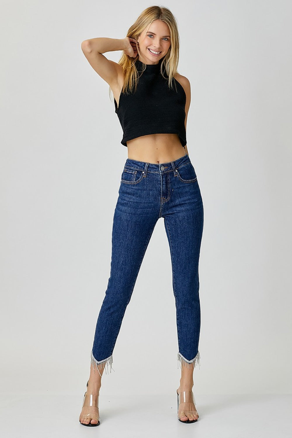 RISEN Full Size Embellished Mid Rise Crop Skinny Jeans-BOTTOMS SIZES SMALL MEDIUM LARGE-[Adult]-[Female]-2022 Online Blue Zone Planet