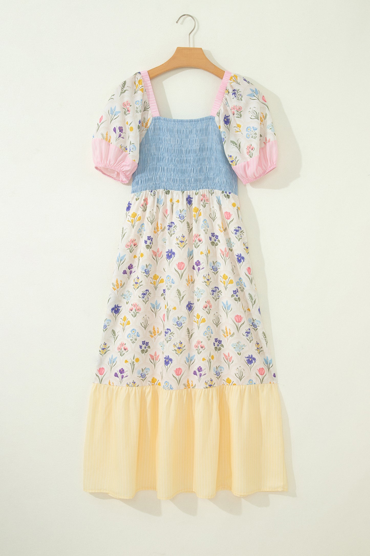 Multicolour Floral Print Striped Color Block Patchwork Square Neck Shirred Long Dress-TOPS / DRESSES-[Adult]-[Female]-2022 Online Blue Zone Planet