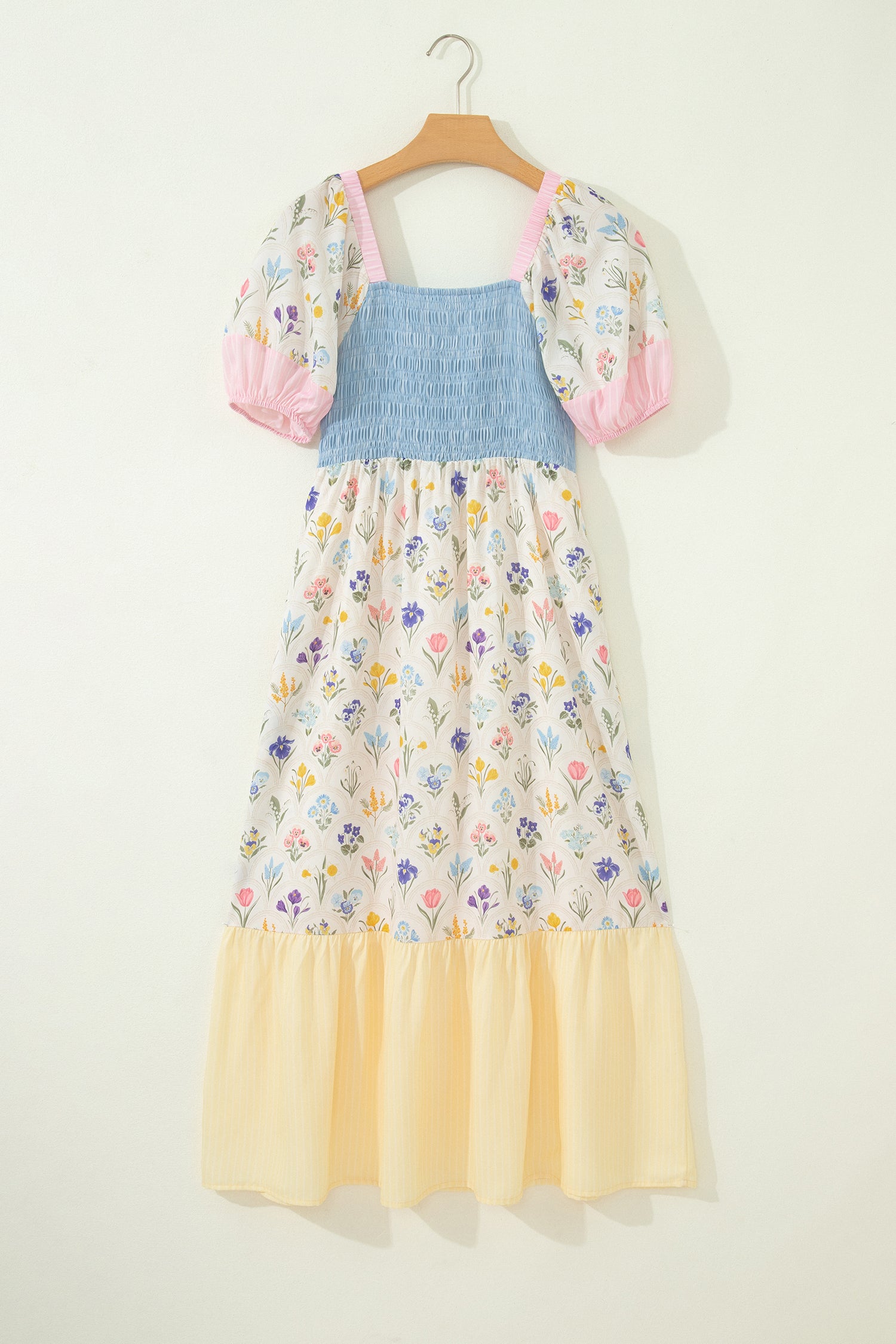 Multicolour Floral Print Striped Color Block Patchwork Square Neck Shirred Long Dress-TOPS / DRESSES-[Adult]-[Female]-2022 Online Blue Zone Planet